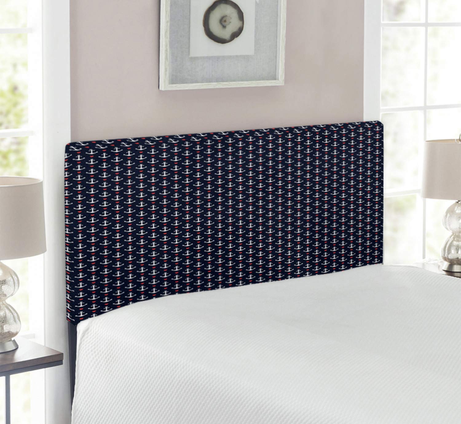 Ambesonne Anchor Headboard - Upholstered Metal Bed Frame with Memory Foam, Twin Size in Black White Red | Nautical Pattern with Small Anchors & Hearts | Perfect for Coastal Bedrooms, Guest Rooms & Vacation Homes
