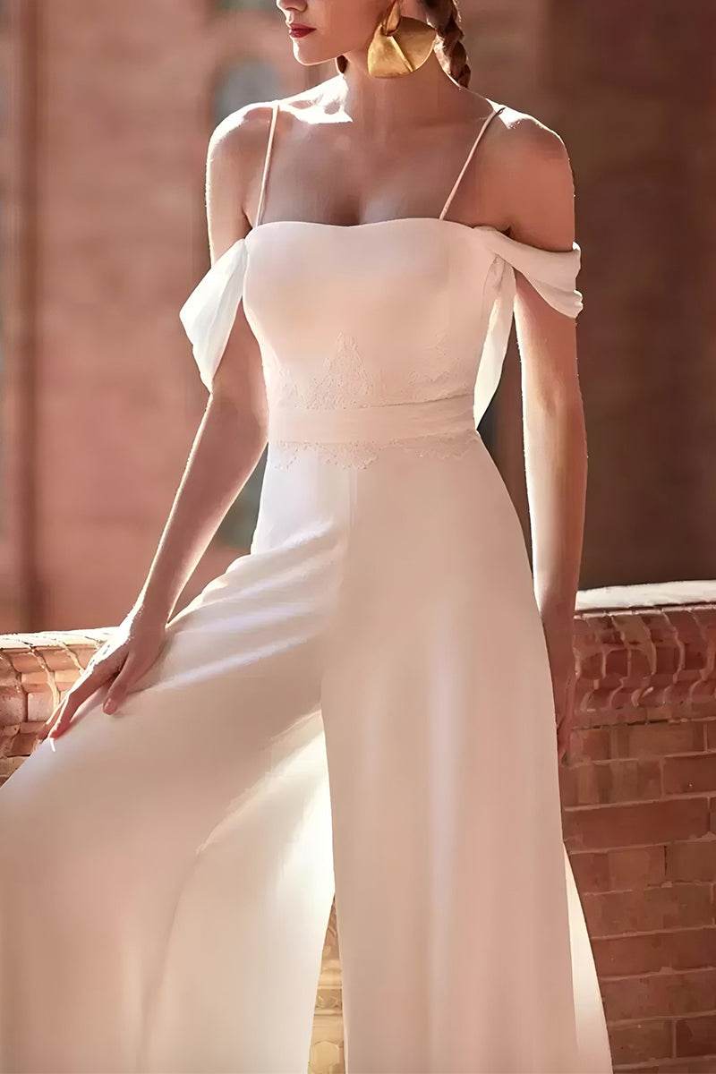 Elegant Off-The-Shoulder Floor-Length Chiffon Wedding Jumpsuit | Bridal Gown for Women | Perfect for Beach Weddings, Vow Renewals & Formal Events (Style CW3568)