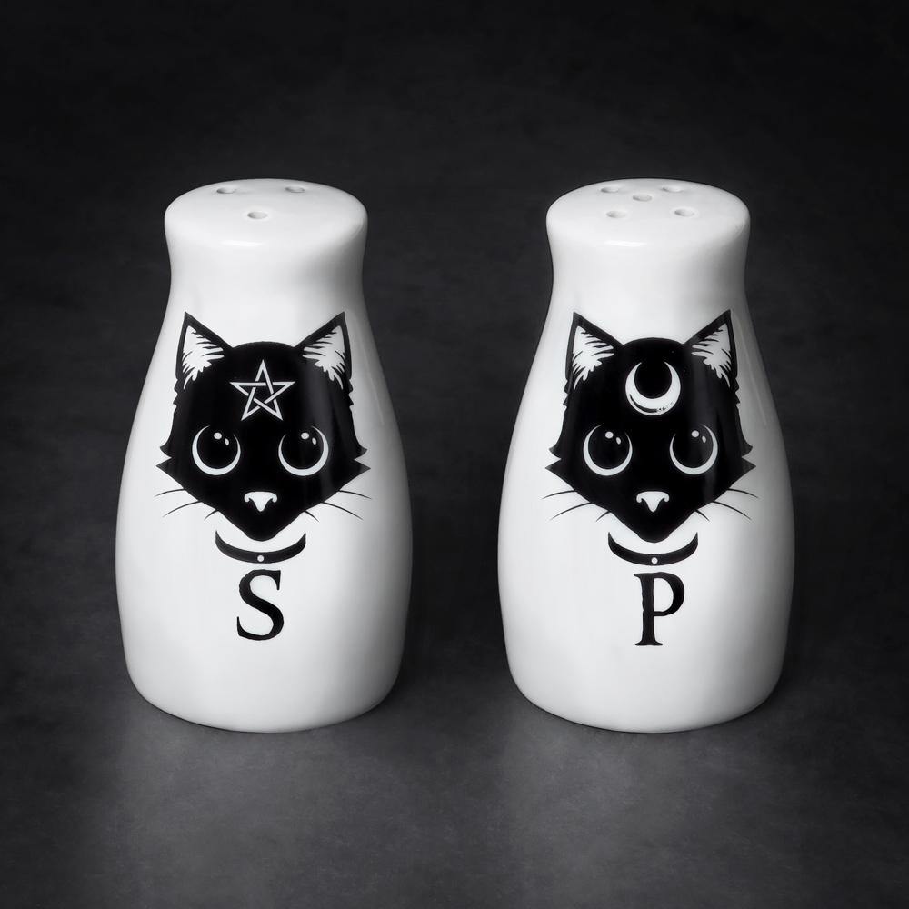 Black Moon and Star Cat Salt and Pepper Shakers Set - Cute Ceramic Kitchen Seasoning Dispenser for Dining Table, Coffee Bar, and Gift Giving