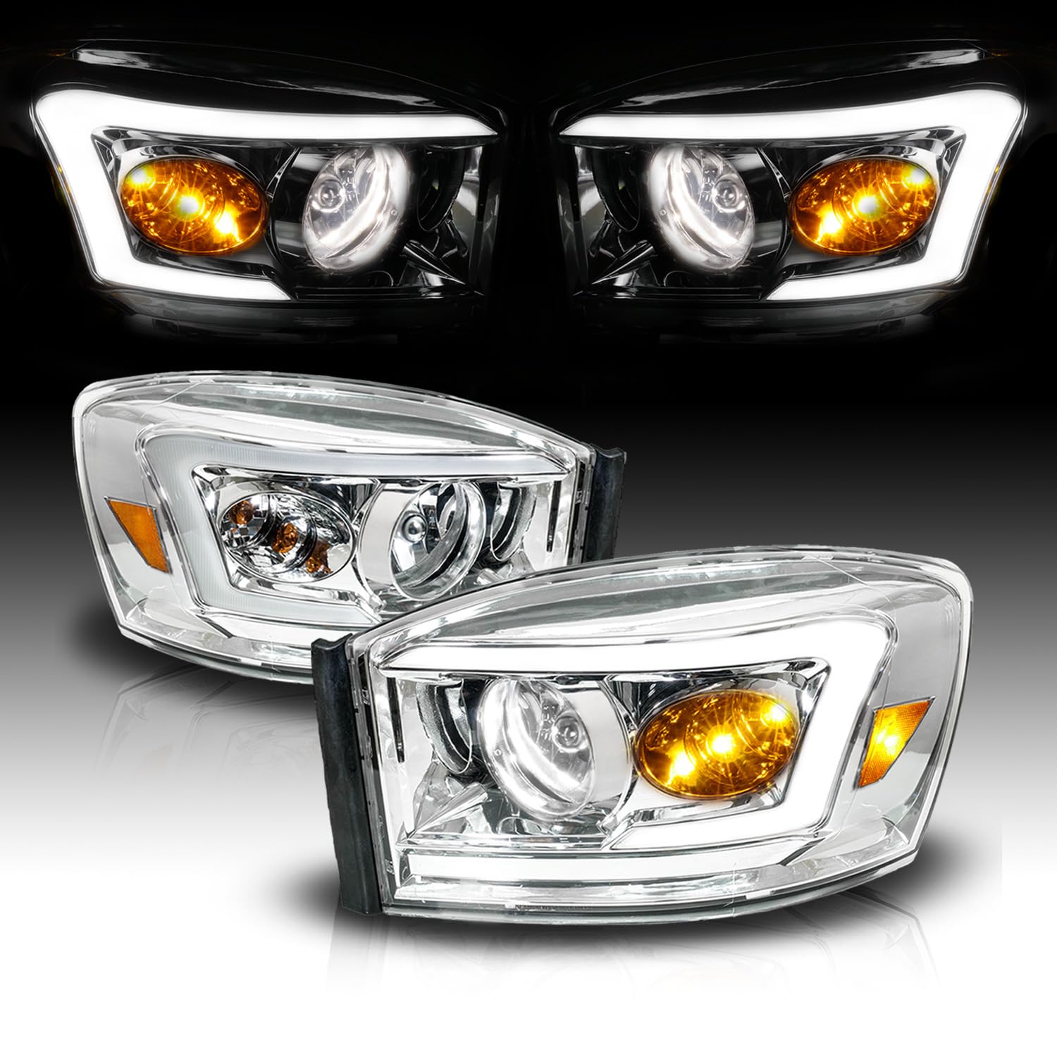 AmeriLite LED Tube Light Bar Chrome Headlights for RAM Truck 1500 2500 3500 (2006-2009) - Passenger & Driver Side | Durable Off-Road Lighting for Night Driving & Adventure