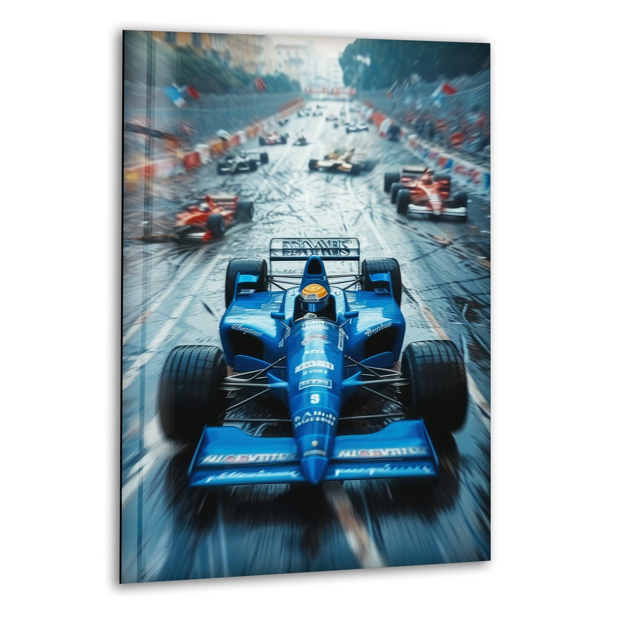 Blue Formula 1 Racing Car Glass Wall Art - Premium Decorative Home & Office Decor for Motorsport Fans