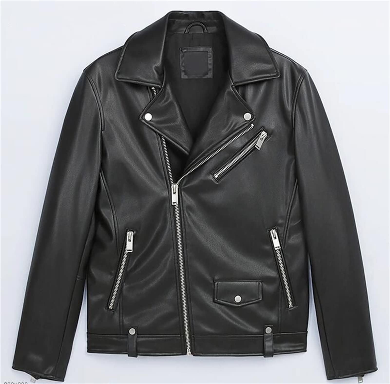 Men's Black Faux Leather Biker Jacket - Stylish Zippered Motorcycle Coat for Spring & Autumn (Size L) | Perfect for Casual Outings, Nightlife & Urban Fashion