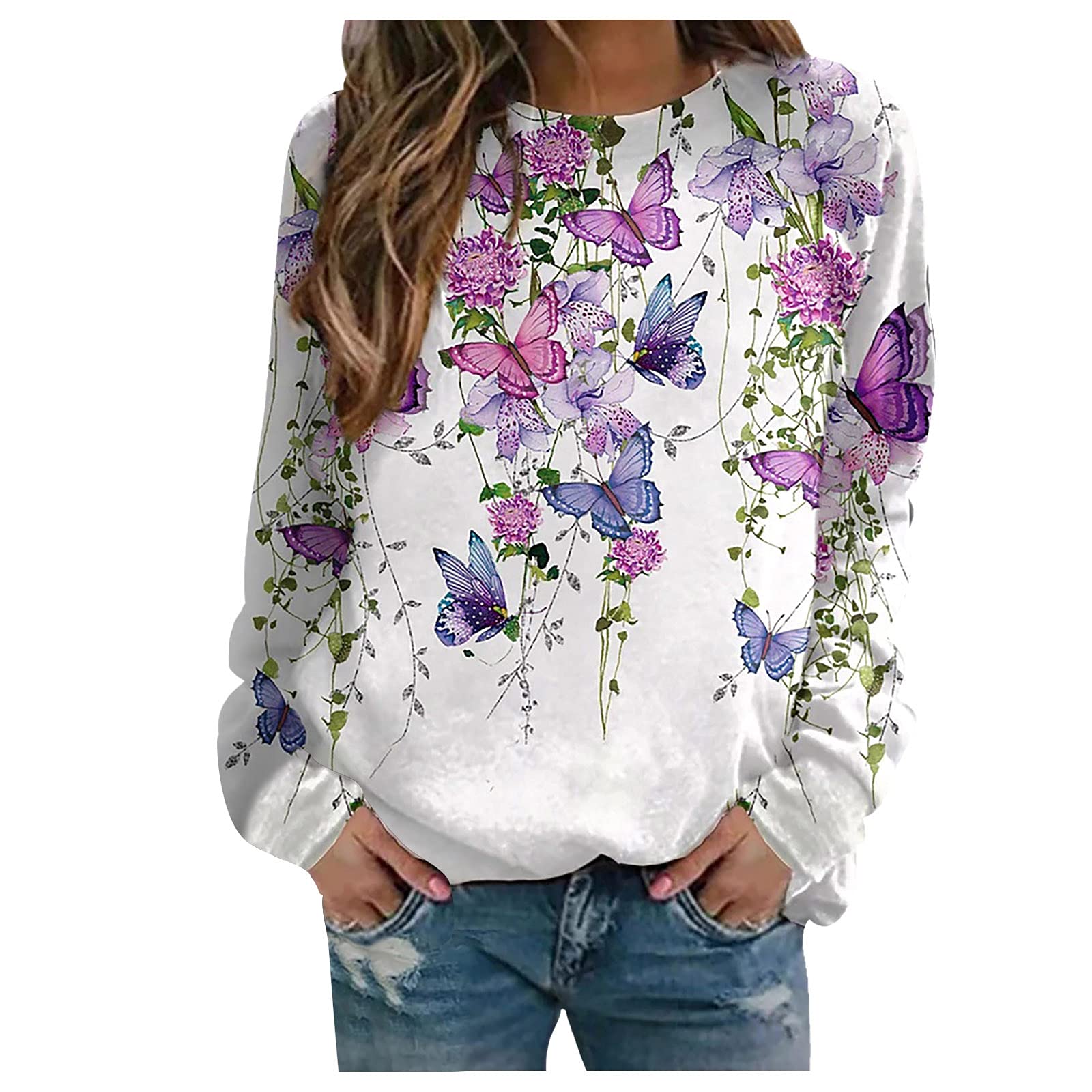 Women's Long Sleeve Butterfly Print Sweatshirt - Comfortable Breathable O-Neck Pullover for Casual Wear, Workout & Fall Fashion