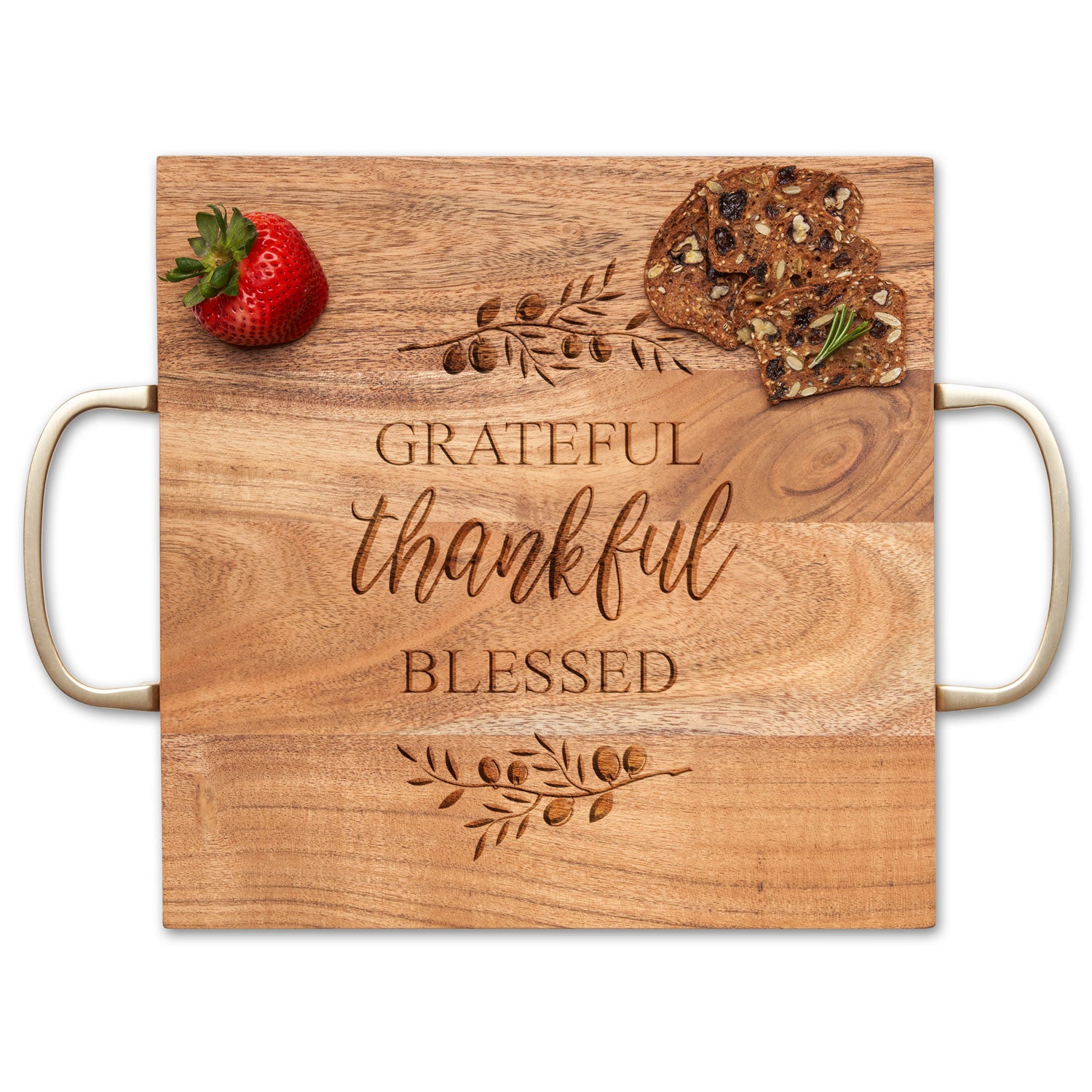 Acacia Modern Square Tray with Gold Handles | 12x12 Inch Wooden Serving Tray | Grateful Thankful Decor | Perfect for Coffee Table, Kitchen Counter & Dining Table Centerpiece