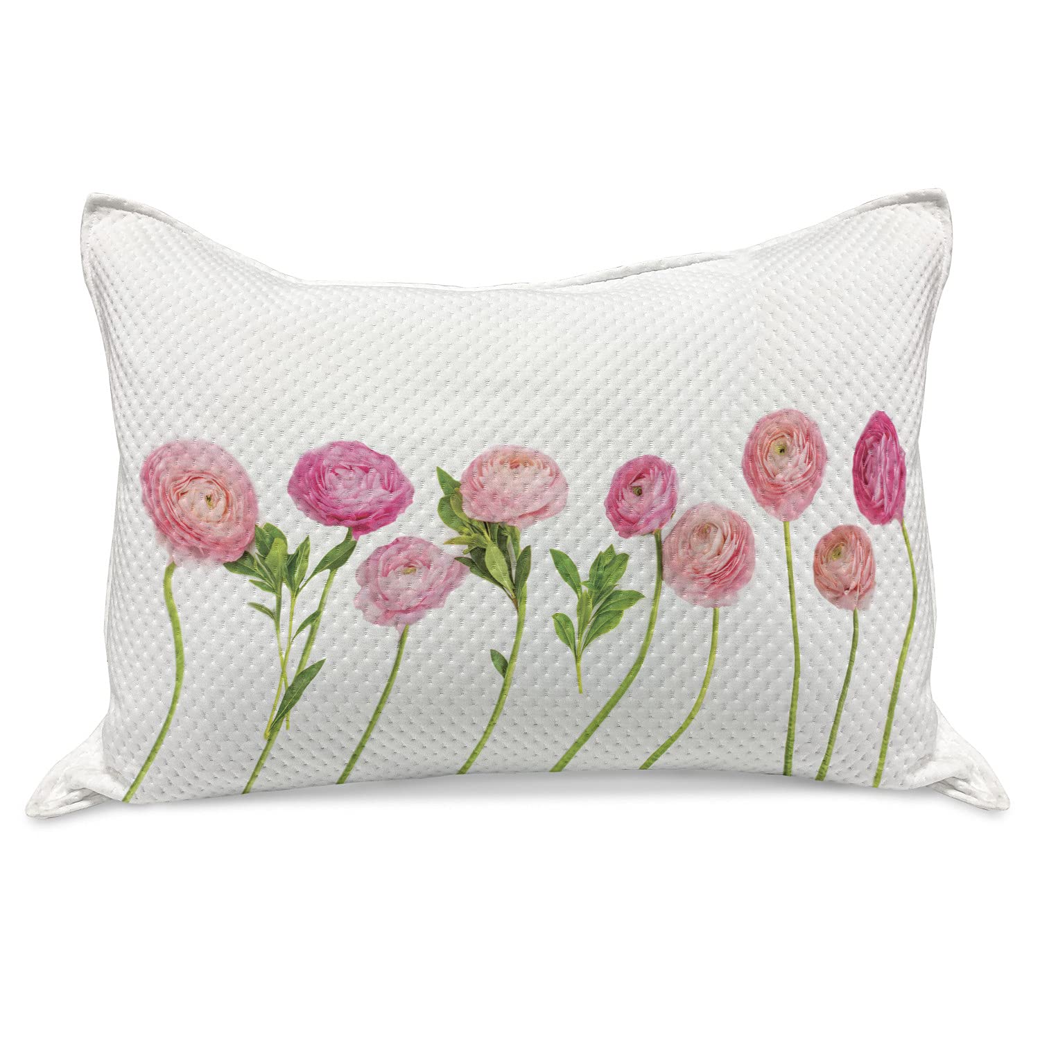 Lunarable Blush Pink Knitted Quilt Pillow Cover - Ranunculus Flower Print on Plain Background, Standard Queen Size 30