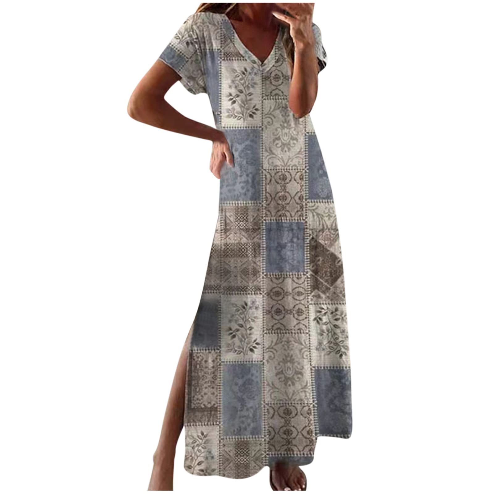 Women's Summer Casual V-Neck Short Sleeve Printed Maxi Dress with Side Slit - Perfect for Beach Vacation, Resort Wear & Boho Chic Outfits
