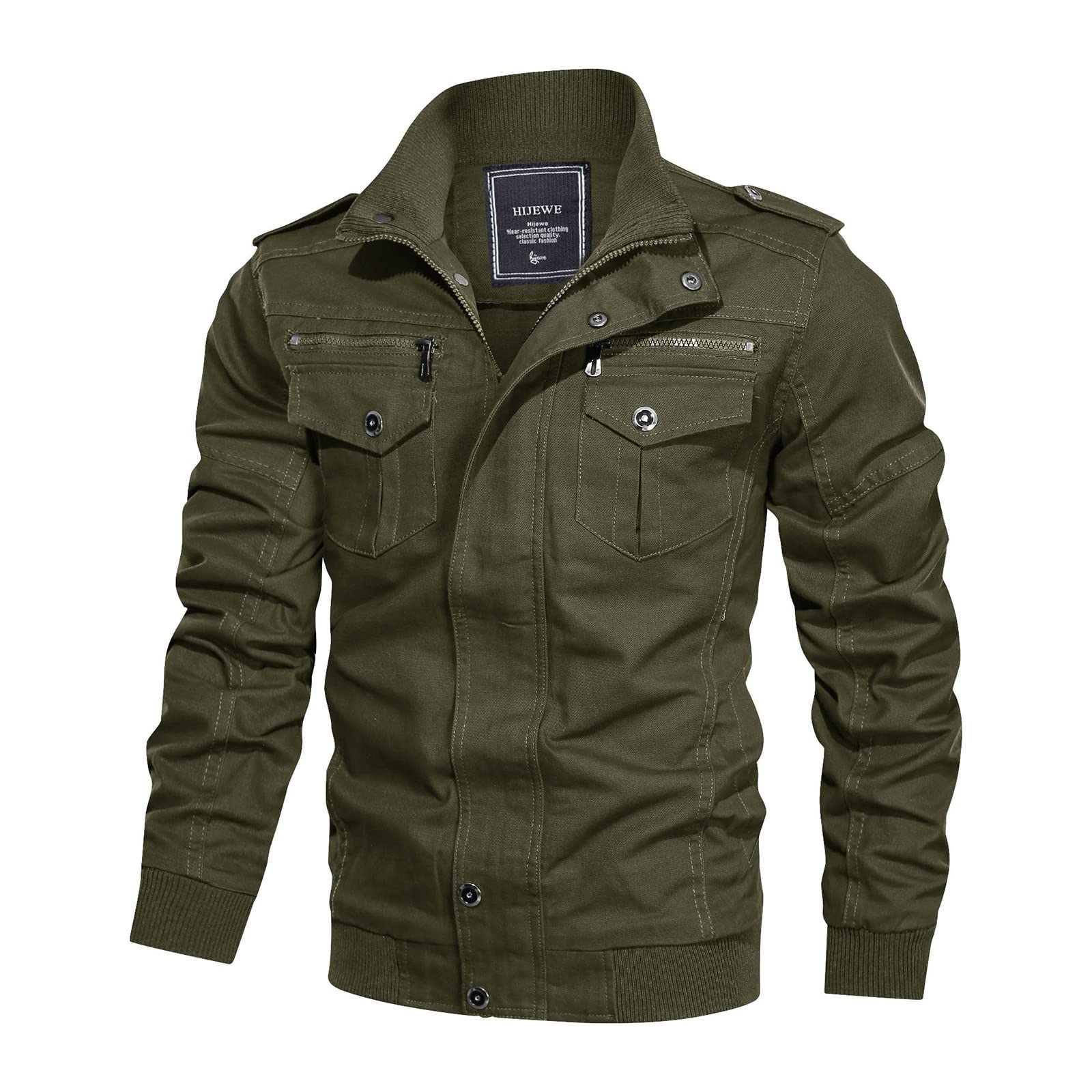HIJEWE Men's Military Jacket - Casual Cotton Utility Coat for Spring & Fall | Durable Army Cargo Bomber Jacket with Stand Collar & Multi-Pockets | Perfect for Outdoor Adventures, Hiking & Casual Wear