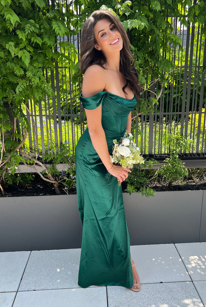 Emerald Green Luxe Satin Off-the-Shoulder Corset Gown for Women - Elegant Evening Dress for Prom, Wedding, Gala & Formal Events