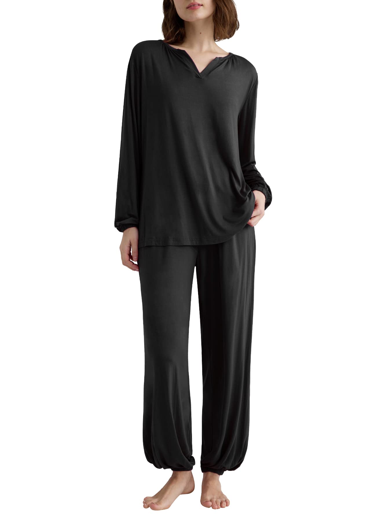 Comfortable Women's Viscose Palazzo Lounge Pants & Long Sleeve Pajama Set - Soft Sleepwear for Relaxing at Home, Lounging & Travel
