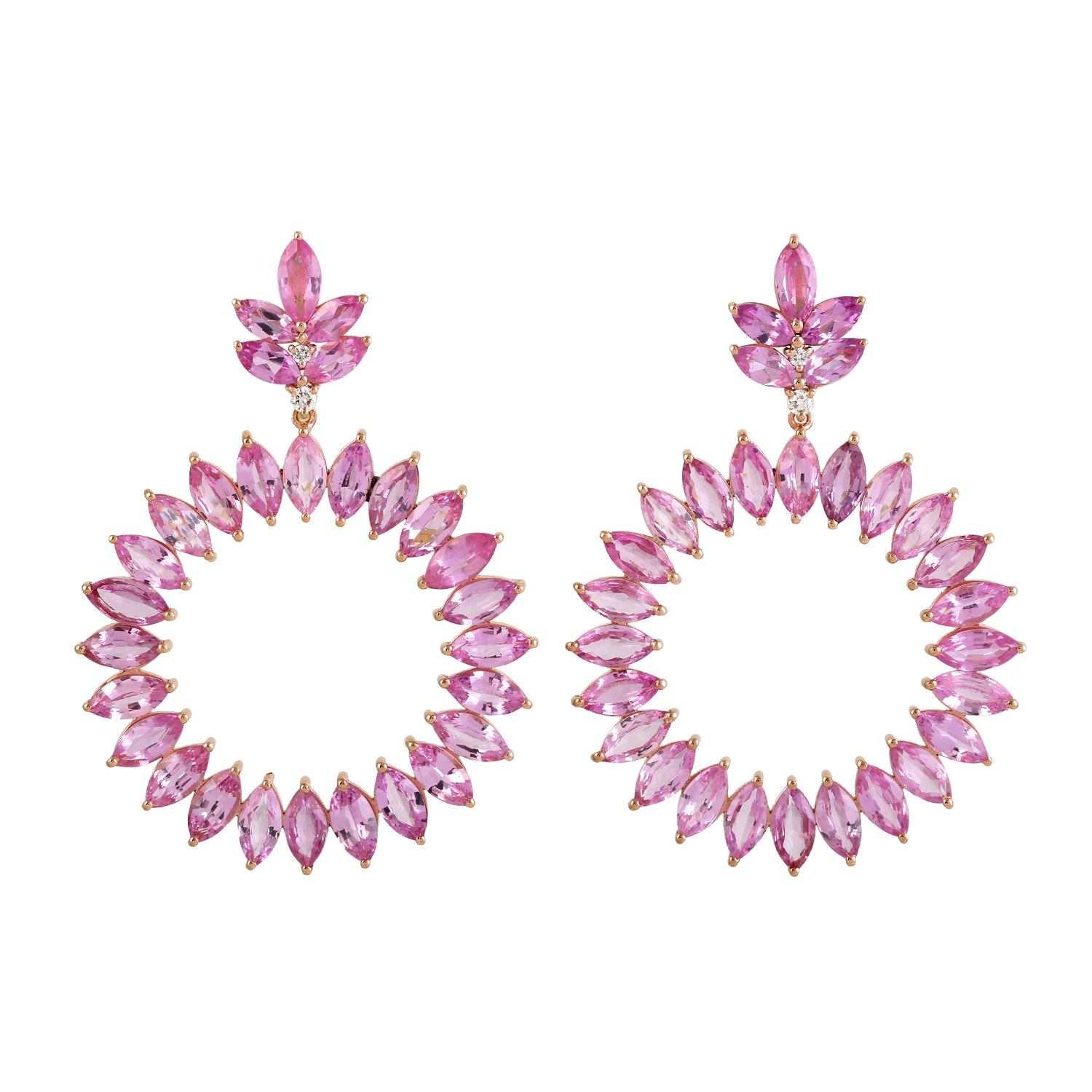 18K Rose Gold Marquise Cut Pink Sapphire & Diamond Open Front Hoop Dangle Earrings for Women - Elegant Party & Wedding Jewelry Gift