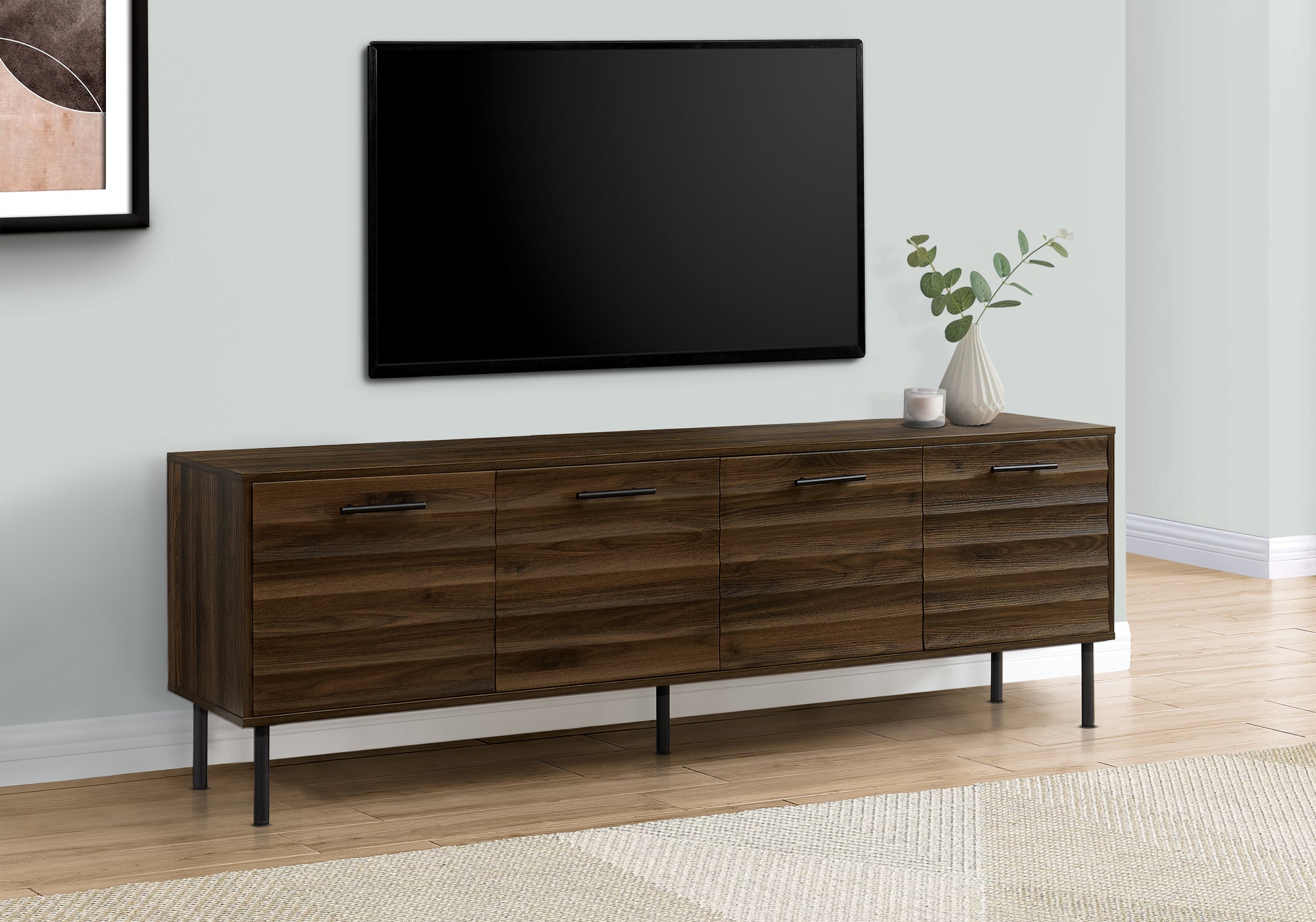 72 Inch TV Stand Console with Storage - Brown Laminate & Black Metal Media Cabinet for Living Room, Bedroom, Home Theater