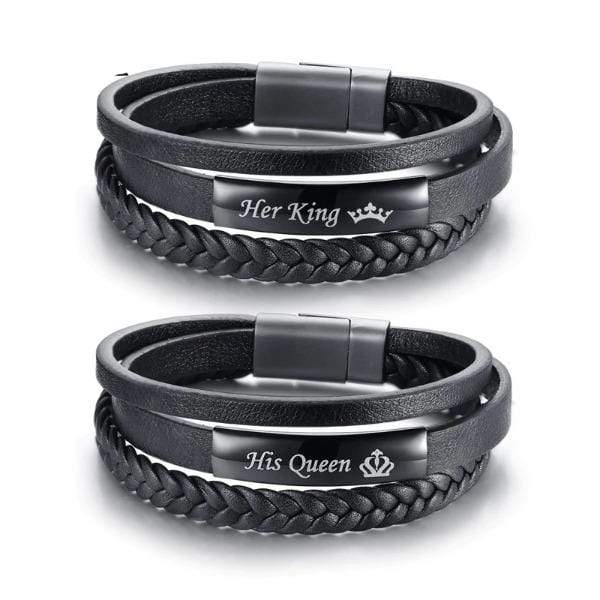 Genuine Leather Couple Bracelets Set for Queen & King - Matching His & Hers Romantic Gift for Anniversary, Wedding, Valentine's Day - Perfect for Date Nights and Special Occasions