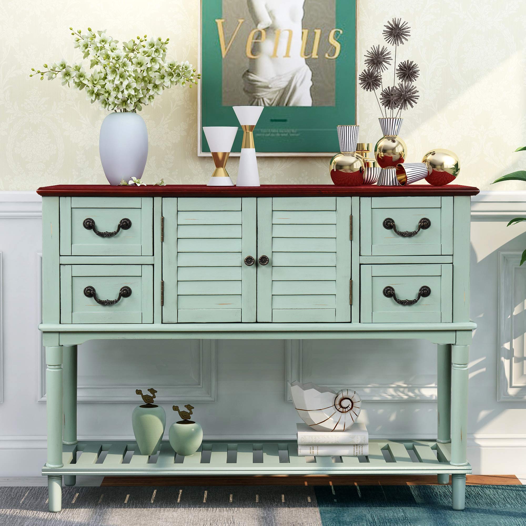 Blue Console Table with Shutter Doors & 4 Storage Drawers - Entryway Sofa Table, Hallway Organizer, Living Room Sideboard for Home Decor & Storage Solutions