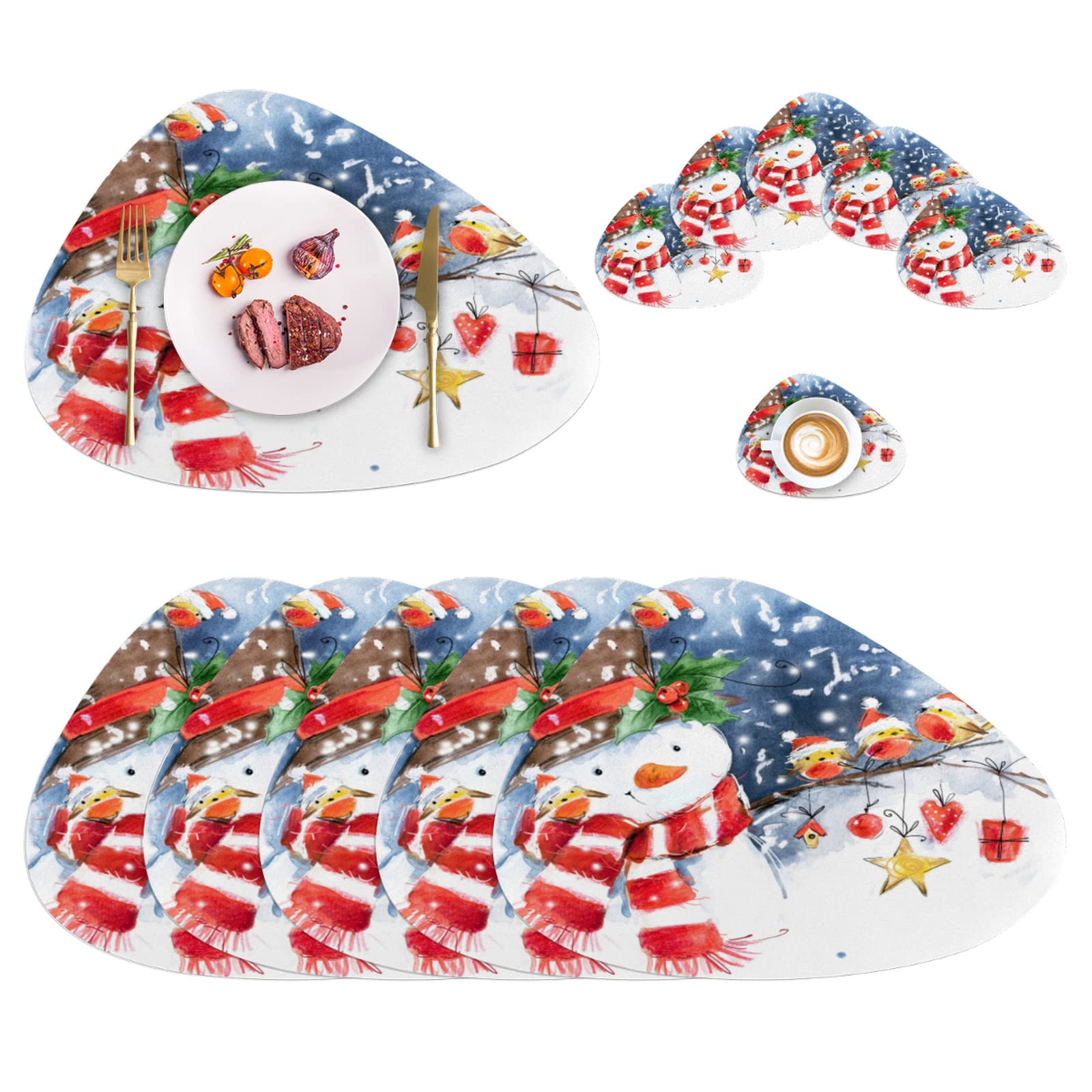 6-Piece Christmas Snowman Placemats and Coasters Set - Heat Resistant Leather Non-Slip Round Place Mats for Dining Table, Holiday Decor, BBQ Parties & Home Aesthetics