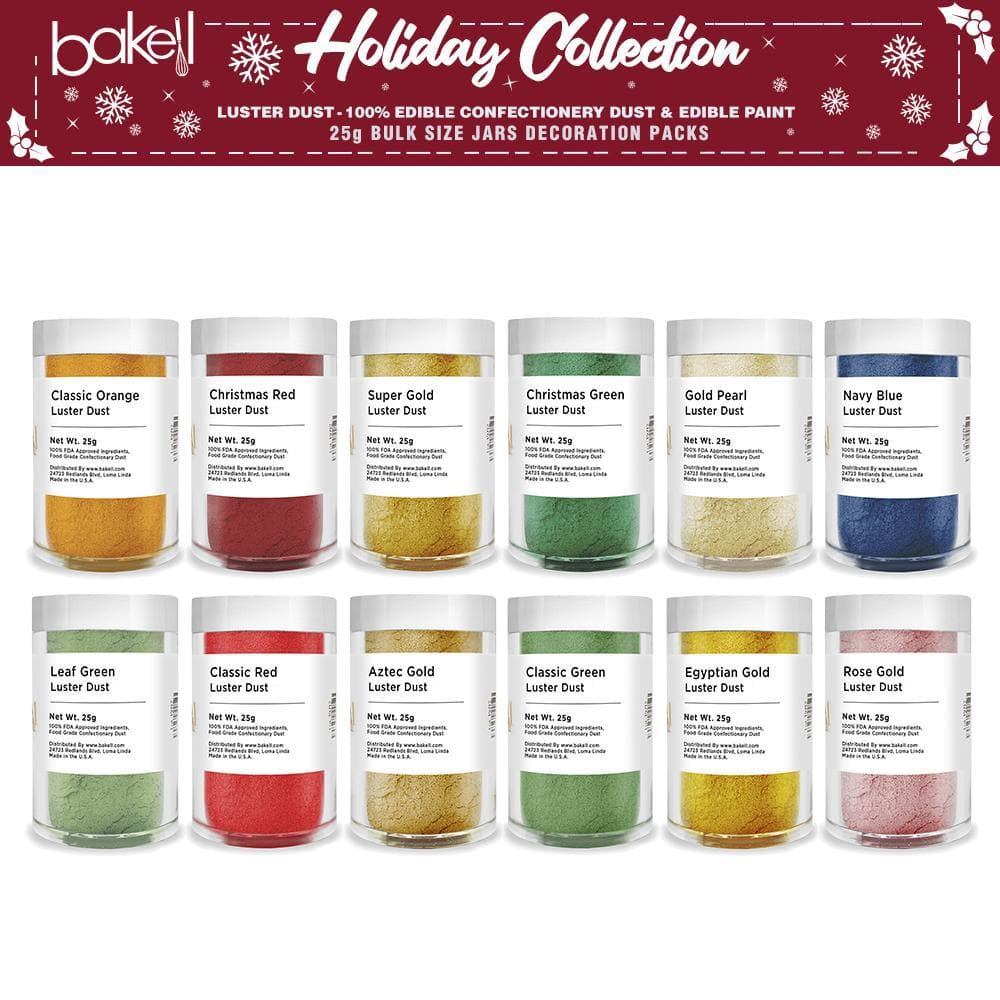 Christmas Collection Luster Dust Combo Pack A (12 PC SET) 25 Gram Jar - Edible Cake Decorating Powder for Holiday Baking, Cookies, Cupcakes & DIY Crafts