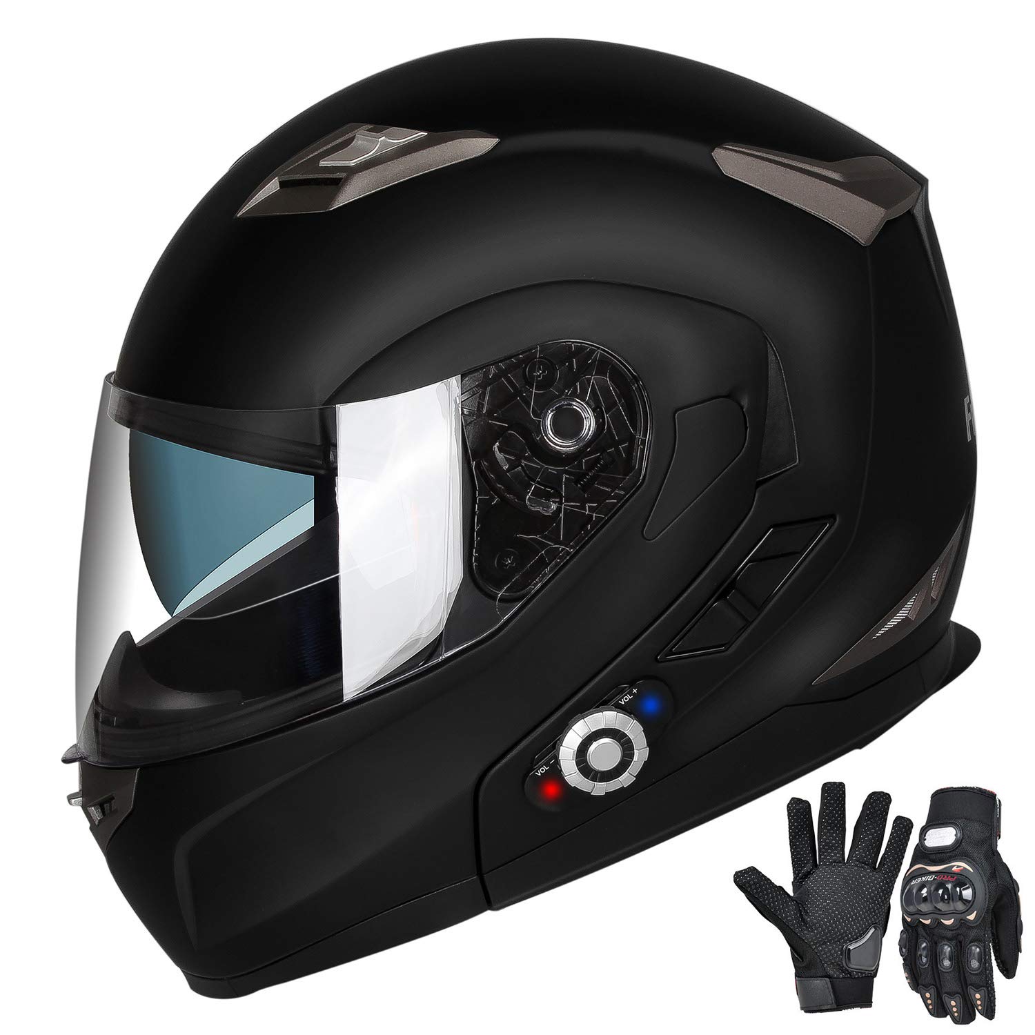 FreedConn Bluetooth Motorcycle Helmet - DOT Approved Modular Flip-Up Full Face Helmet with Dual Visor & Free Gloves (Gloss Black, Large) | Perfect for Commuting, Touring & Adventure Riding