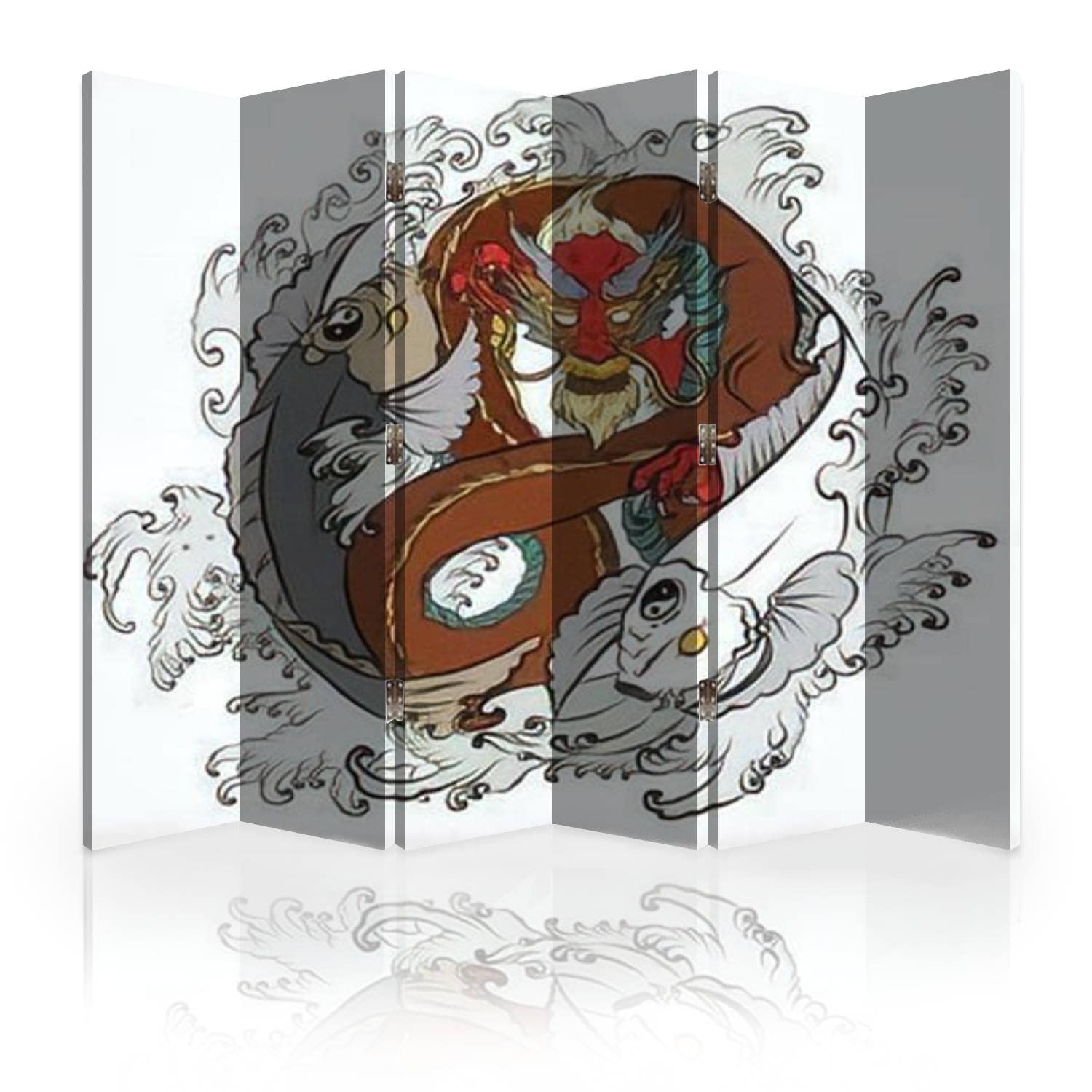 Hand-Painted Dragon Fish Canvas Room Divider - 6-Panel Folding Privacy Screen with Water Splash Tattoo Design | Perfect for Home Office, Bedroom Separation & Asian-Inspired Decor
