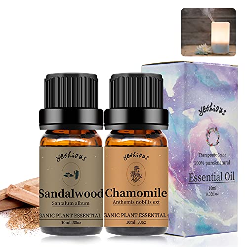 Yethious 100% Pure Organic Chamomile & Sandalwood Essential Oil Set - 2 Pack for Aromatherapy, Diffuser, Candle Making, Massage & Relaxation at Home or Spa