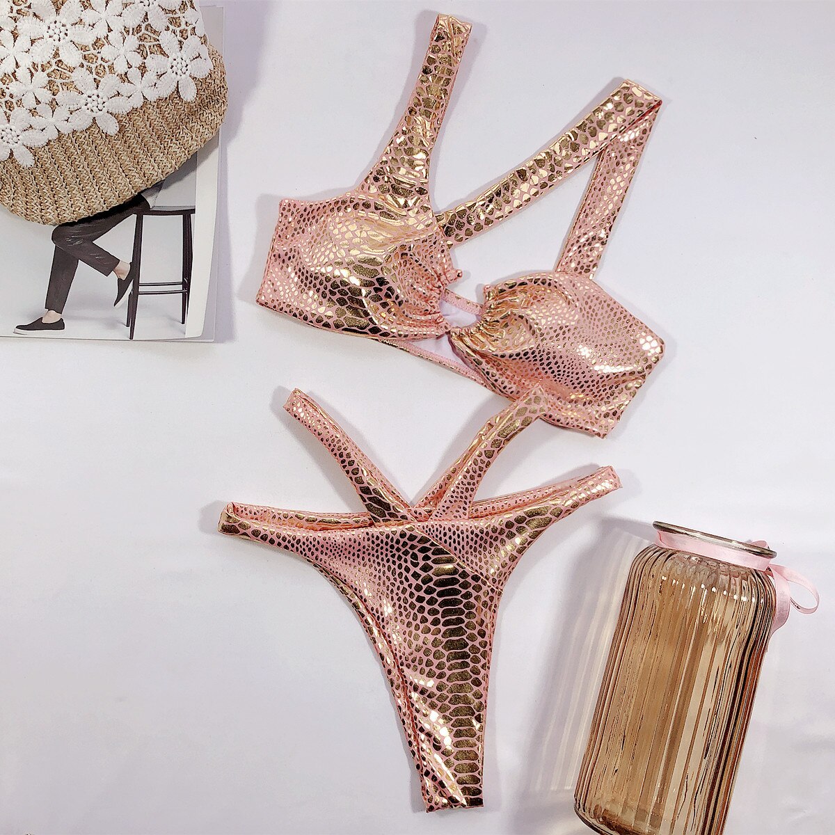 Sexy Snakeskin Hollow Out Bikini Set - Women's Bronzing Swimwear with Metal Rings for Beach, Pool & Summer Vacation