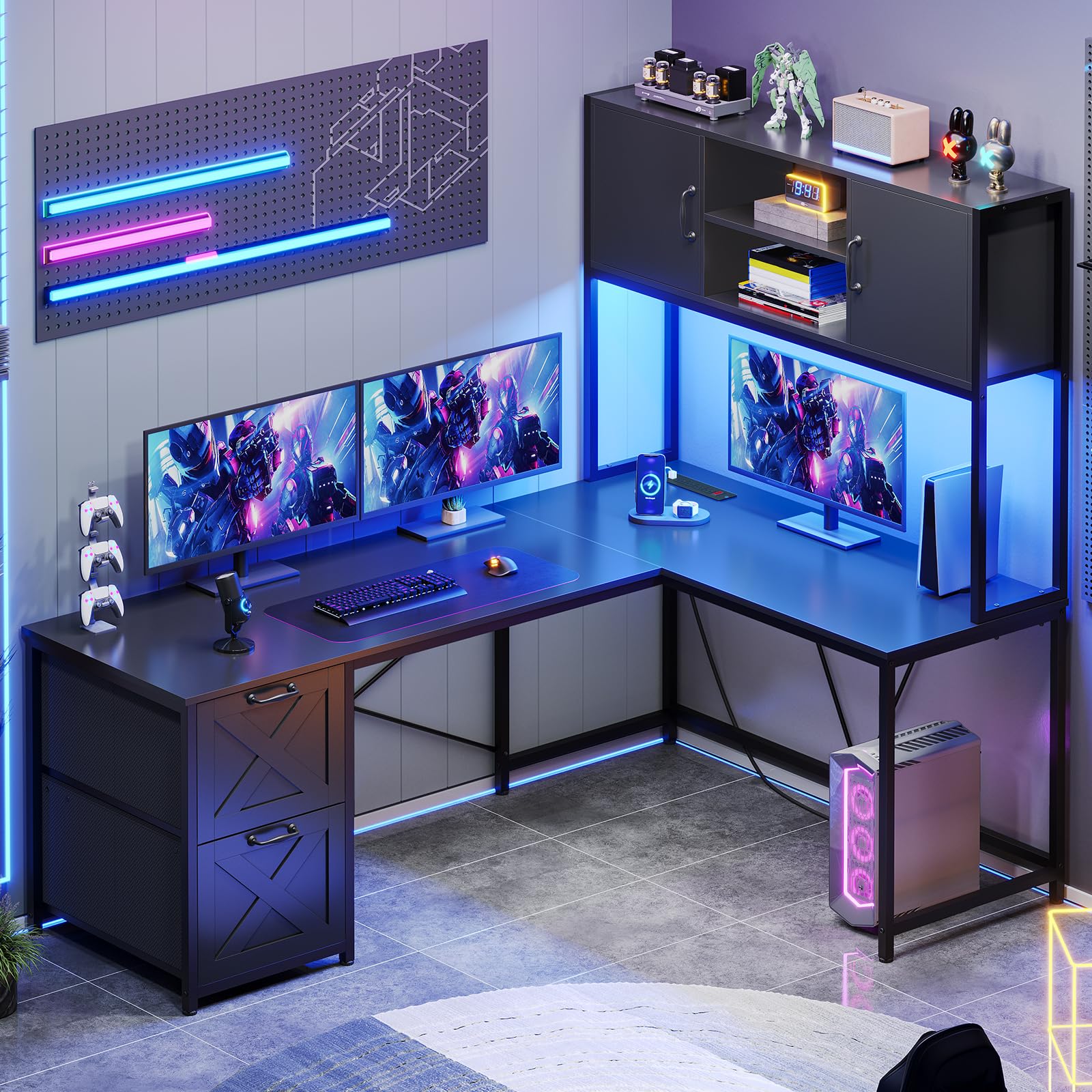 SEDETA Reversible L-Shaped Corner Computer Desk with Fabric Drawers, Power Outlet & LED Lights - Gaming Desk with Hutch & Storage Shelf for Home Office (Black) | Perfect for Small Spaces, Gaming Setups & Remote Workstations