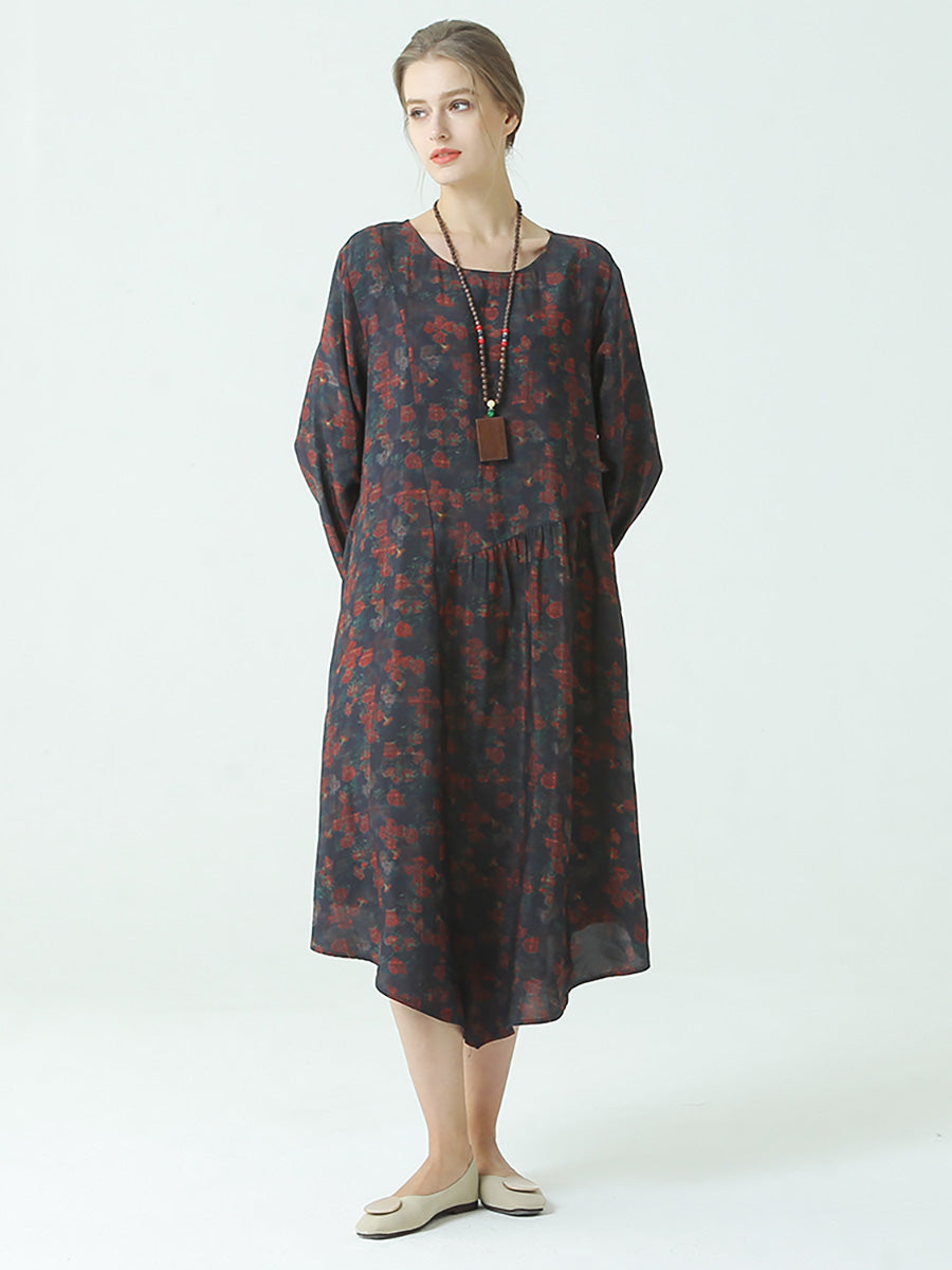 Plus Size Floral Print Pleated Loose Dress for Women - Spring Summer Casual O Neck Maxi Dress for Outdoor, Party & Vacation