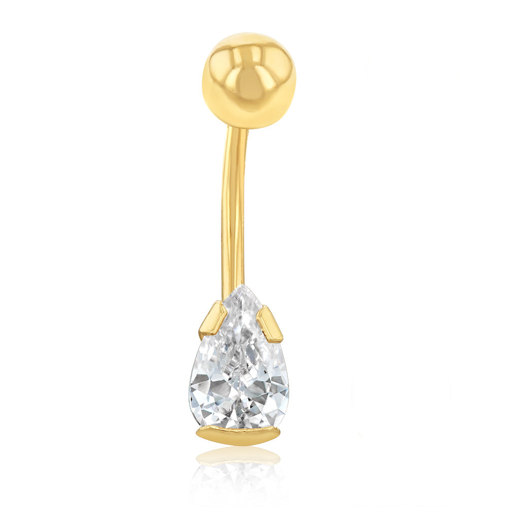 9ct Yellow Gold 8X5mm Pear Shaped Belly Bar - Elegant Navel Piercing Jewelry for Women, Perfect for Parties, Beach & Everyday Wear