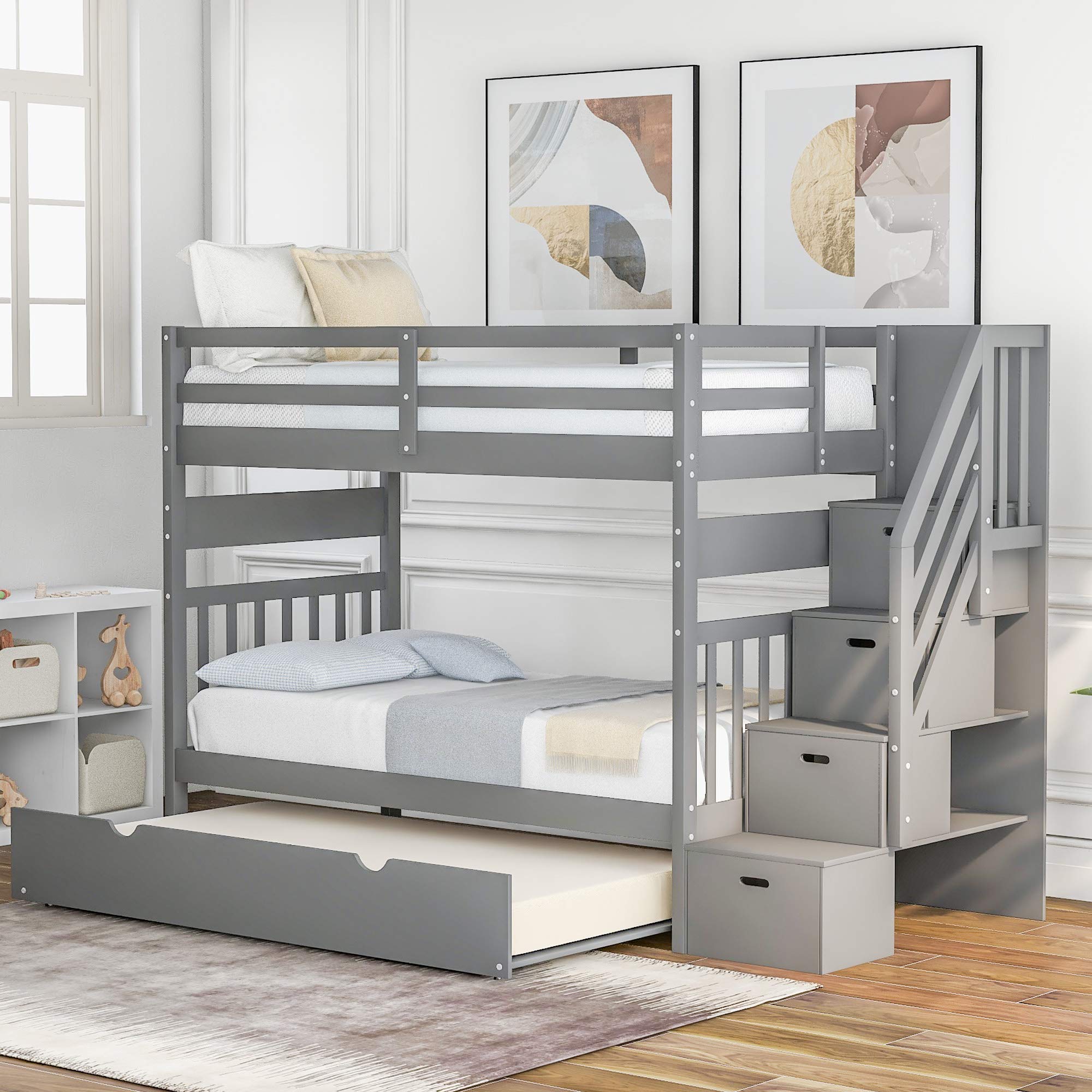 Polibi Twin Over Twin/Full Bunk Bed with Twin Trundle & 4-Drawer Staircase - Convertible 3-in-1 Kids Bunk Bed Separates into Two Beds (Grey) - Perfect for Small Bedrooms, Guest Rooms & Shared Kids' Rooms