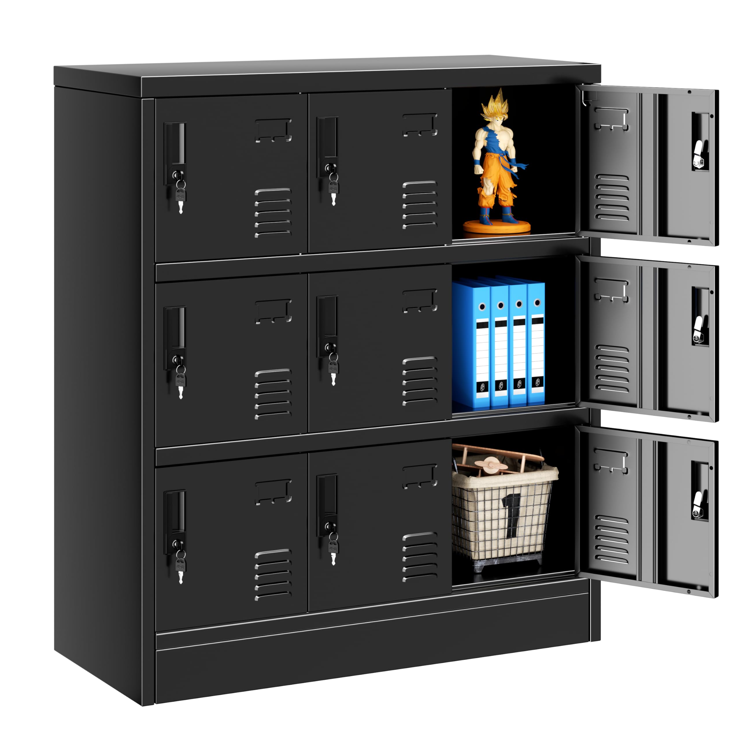 Greenvelly 9-Door Metal Locker with Keys - 3-Tier Steel Storage Locker with Card Slots & Ventilation for Gym, School, Office, Kids Room - Secure Employee Lockers (Black) - Perfect for Gym Equipment Storage, School Changing Rooms & Office Document Organization
