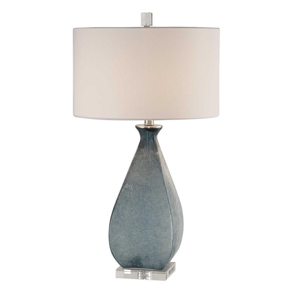 Ocean Blue Table Lamp with White Linen Drum Shade & Crystal Base - 3-Way Switch, 1-Light Tall Lamp for Living Room, Bedroom, or Office Decor