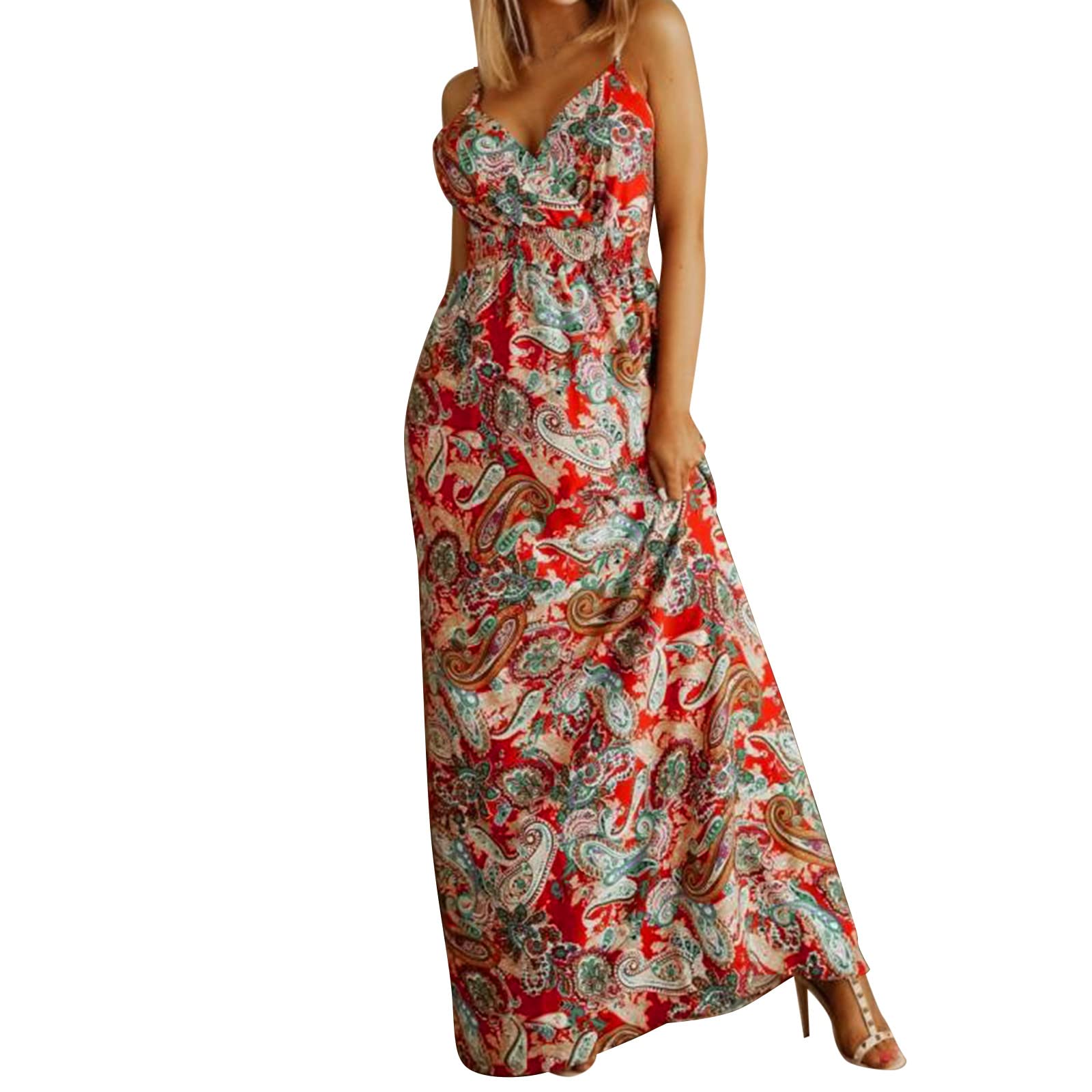 Women's Floral Boho V-Neck Sleeveless Summer Dress - Ruffle Hem Flowy Babydoll Dress for Beach, Concert & Casual Wear | Lightweight Comfortable Spring Summer Dress for Outdoor Activities