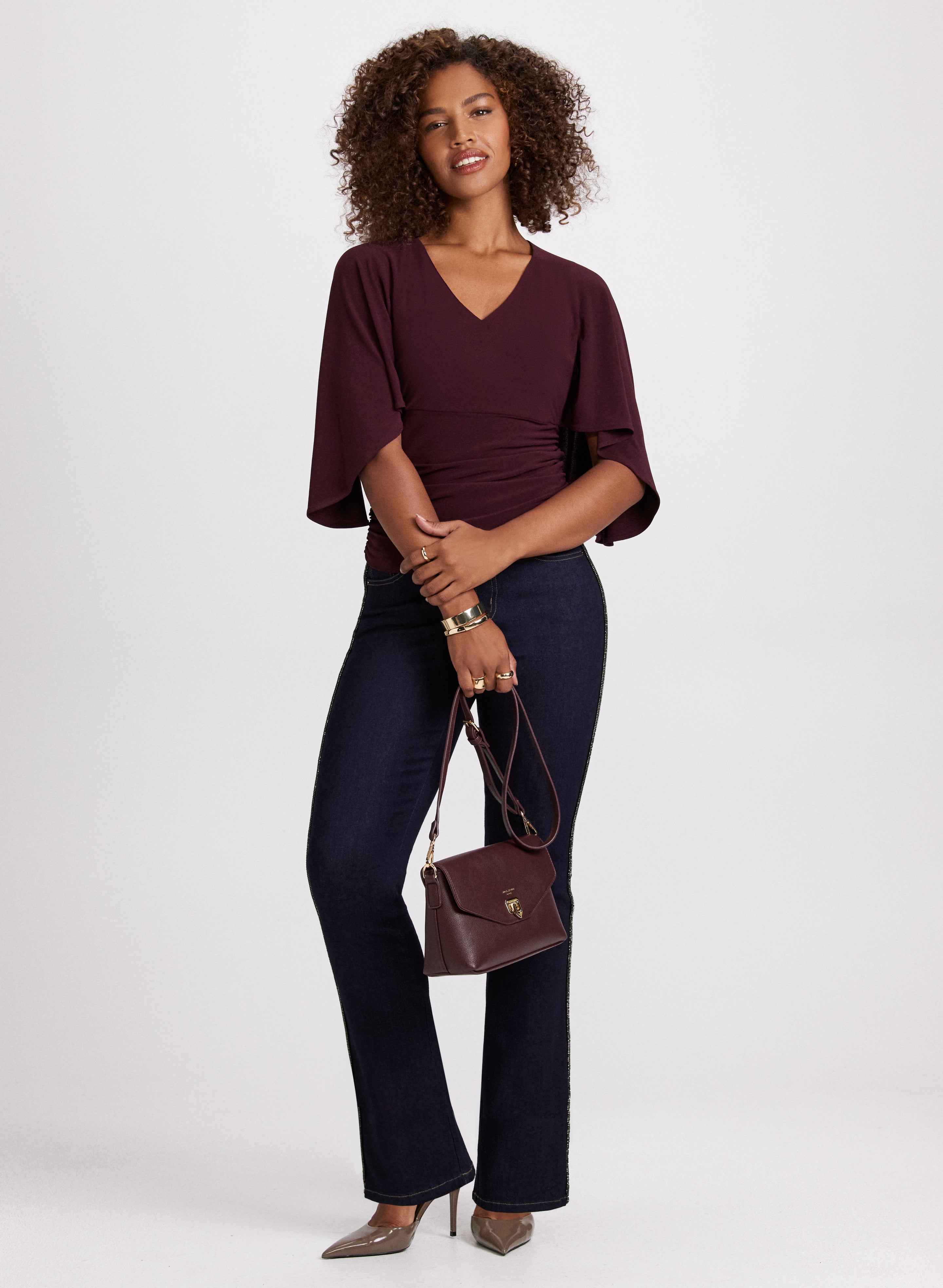 Flared Sleeve Blouse & Beaded Detail High-Waisted Jeans Set for Women - Boho Chic Outfit for Date Night, Party or Casual Wear