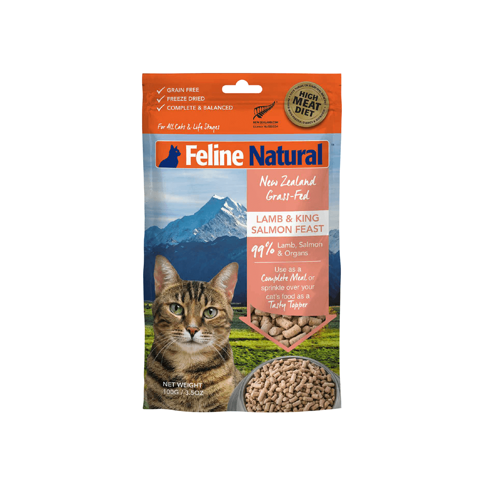 Premium Freeze-Dried Cat Food - FELINE NATURAL Lamb & Salmon Feast (100g) | Grain-Free, High-Protein Raw Diet for Cats | Perfect for Travel, Training & Sensitive Stomachs