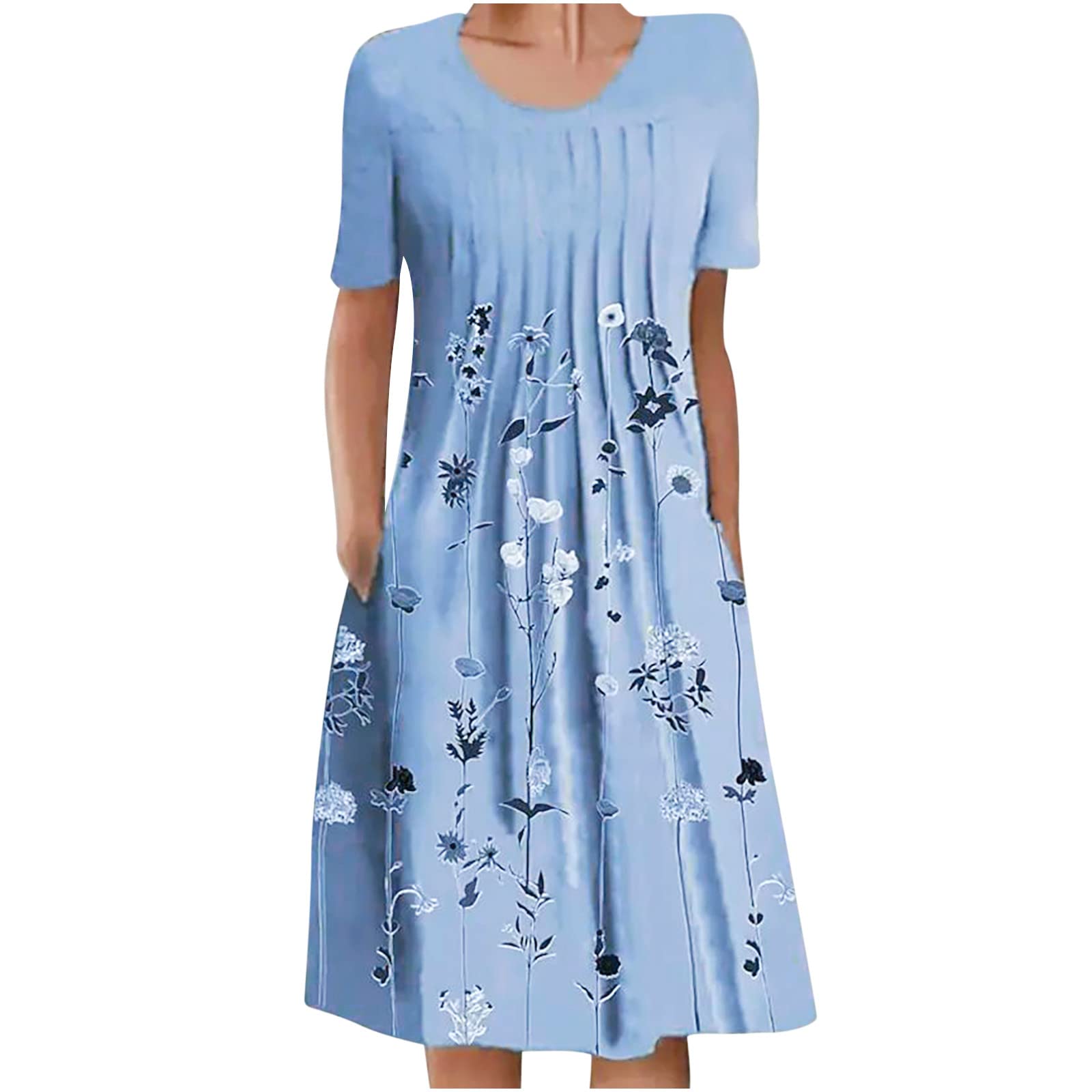Women's Summer Casual Floral Print Round Neck Short Sleeve Sun Dress - Foldable Midi Length for Work, Beach & Outdoor Activities