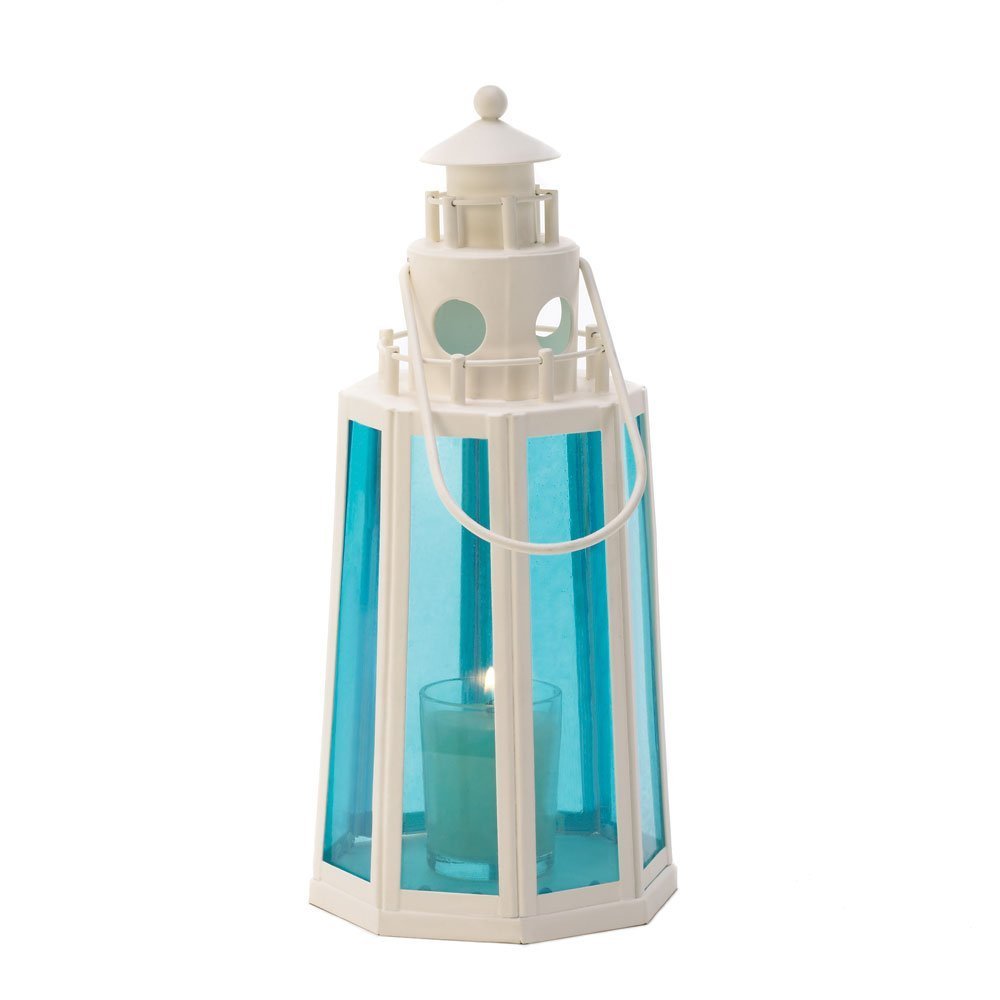Blue and White Lighthouse Candle Lantern - Coastal Decor for Home, Beach House, or Outdoor Patio Lighting - Perfect for Romantic Dinners, Wedding Centerpieces, and Seaside Themed Parties