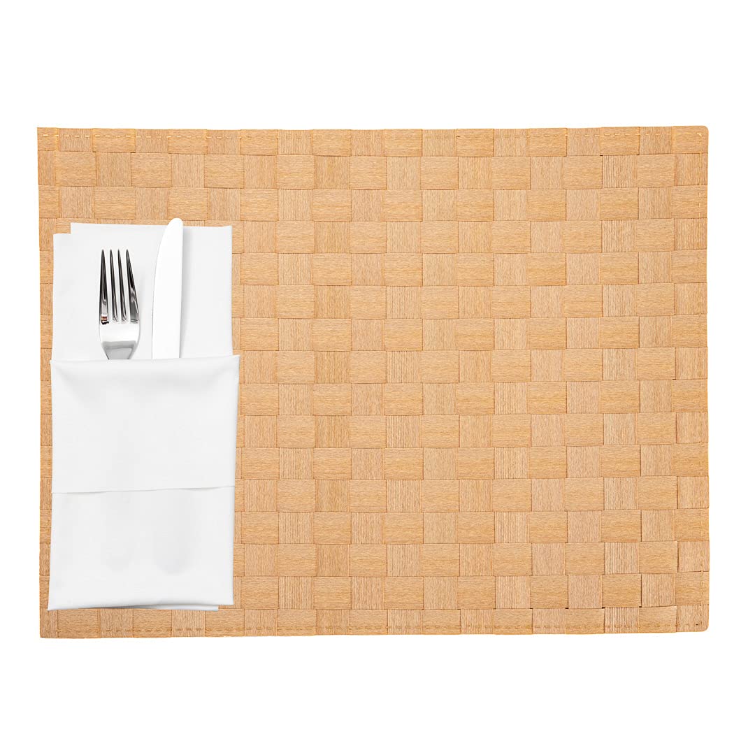 Restaurantware Macroweave 16 x 12 Inch Woven Placemats Set of 6 - Durable Gold Plastic Table Mats for Dining, Easy to Clean Rectangle Placemats for Home & Restaurant Use - Perfect for Everyday Meals, Dinner Parties & Holiday Gatherings