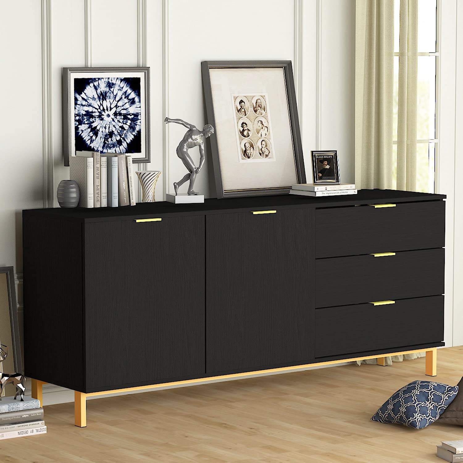 Homsee 65 Inch TV Stand with 3 Drawers & 2 Doors - Modern Wood Entertainment Center Console Cabinet with Metal Legs for Living Room & Bedroom - Black (62.9”L x 15.7”W x 27.5”H) - Perfect for Organizing Media Devices & Enhancing Home Decor