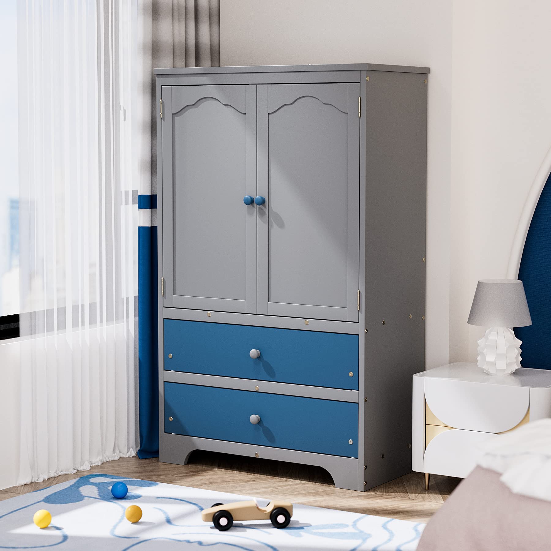 Rophefx 2-Door Kids Wardrobe with Drawers & Hanging Rod - Grey | Bedroom Storage for Clothes & Toys