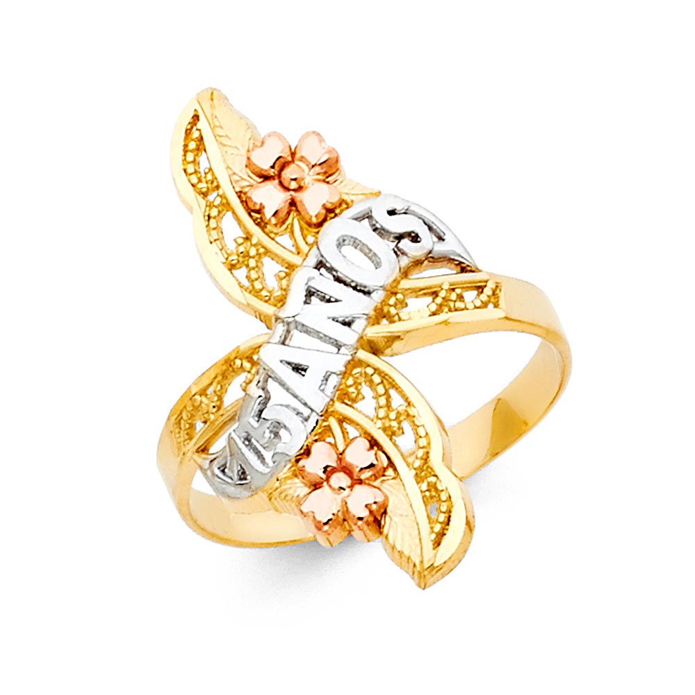 Jewels By Lux 14K Tri-Color Gold Ring - White, Yellow & Rose Gold 15th Birthday Quinceañera Anniversary Jewelry for Women | Perfect for Sweet 16, Milestone Celebrations & Special Occasions