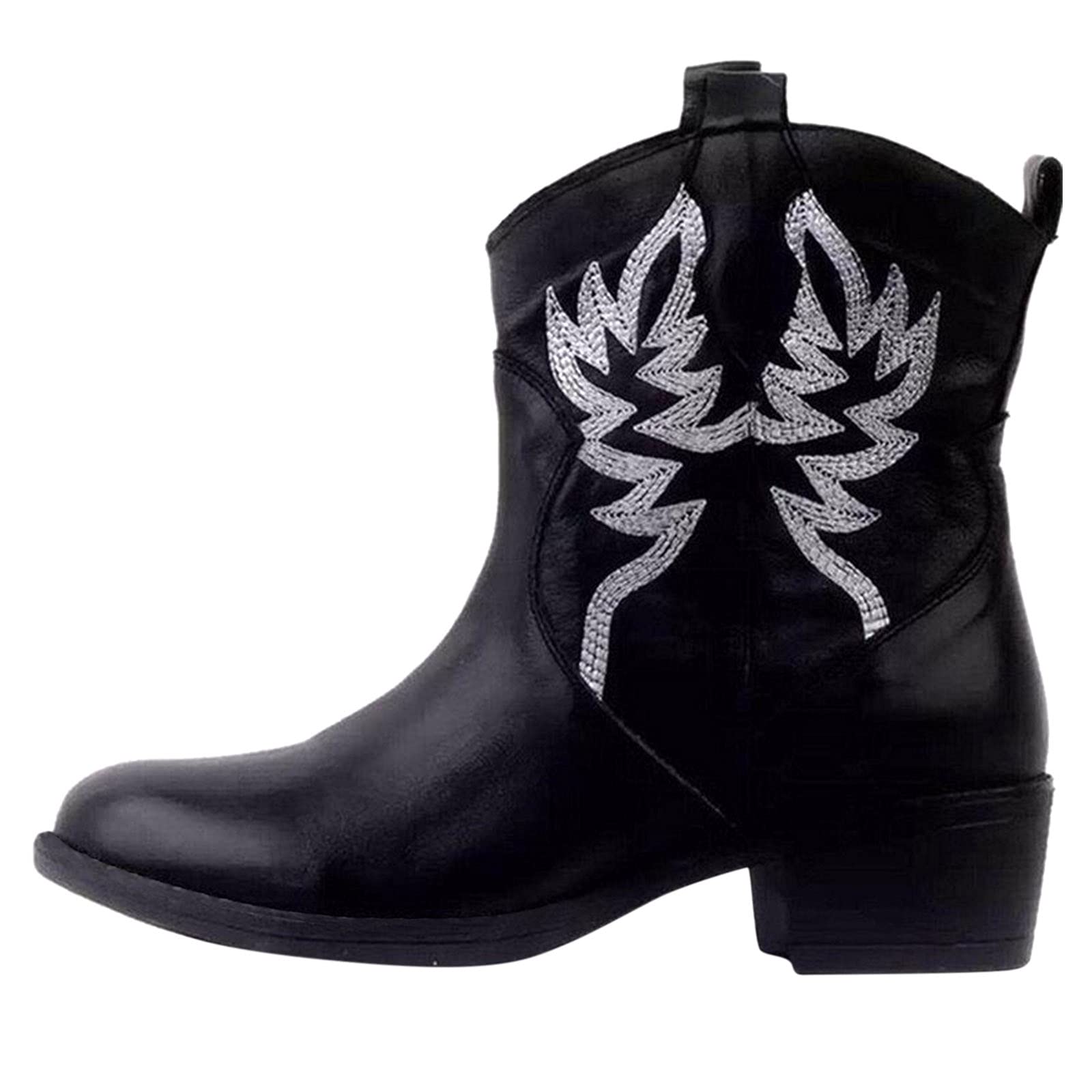 Women's Fullwei Cowboy Booties - Western Embroidery Cowgirl Ankle Boots, Wide Combat Ethnic Pull-On Boots for Casual Wear, Motorcycle Riding & Walking - Low Heel Comfort Shoes (Black, Size 8.5) | Perfect for Country Music Festivals, Rodeo Events & Everyday Fashion