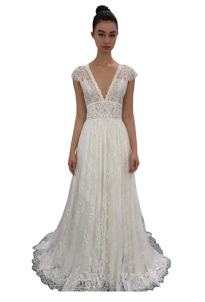 Elegant Off Shoulder Lace Wedding Dress for Bride 2024 - Short Sleeve Bridal Gown for Women | Perfect for Beach Weddings, Garden Ceremonies & Vow Renewals