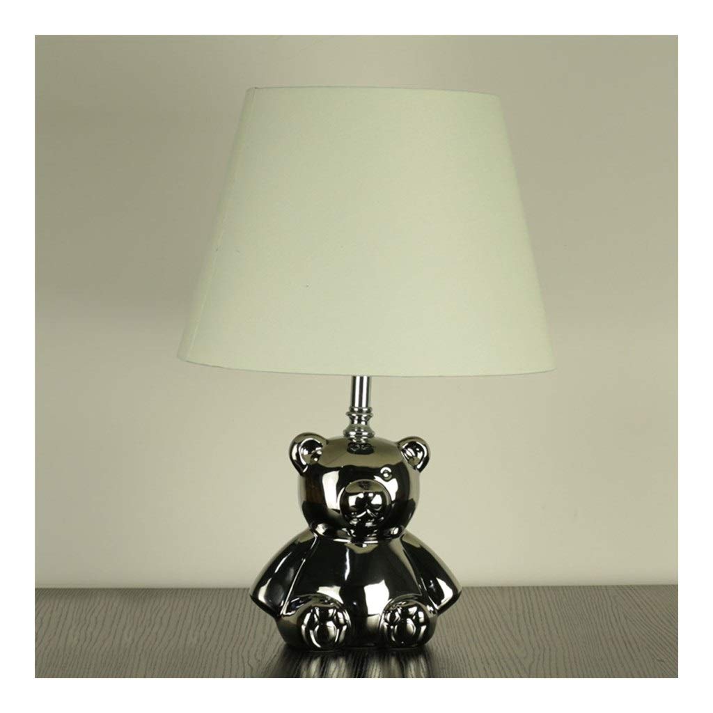 Nordic Ceramic Bear Table Lamp with Fabric Shade - Silver White Nightstand Lamp for Bedroom, Living Room & Office Desk | Cozy Reading Light & Decorative Accent