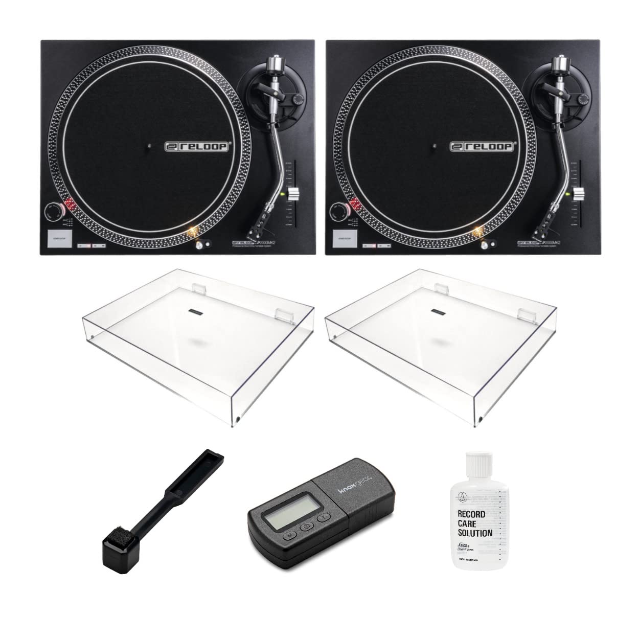 Reloop RP-2000 MK2 Professional Direct Drive DJ Turntable Set (Pair) with Dust Covers & Vinyl Record Cleaning Kit - Perfect for DJs, Clubs & Home Music Enthusiasts