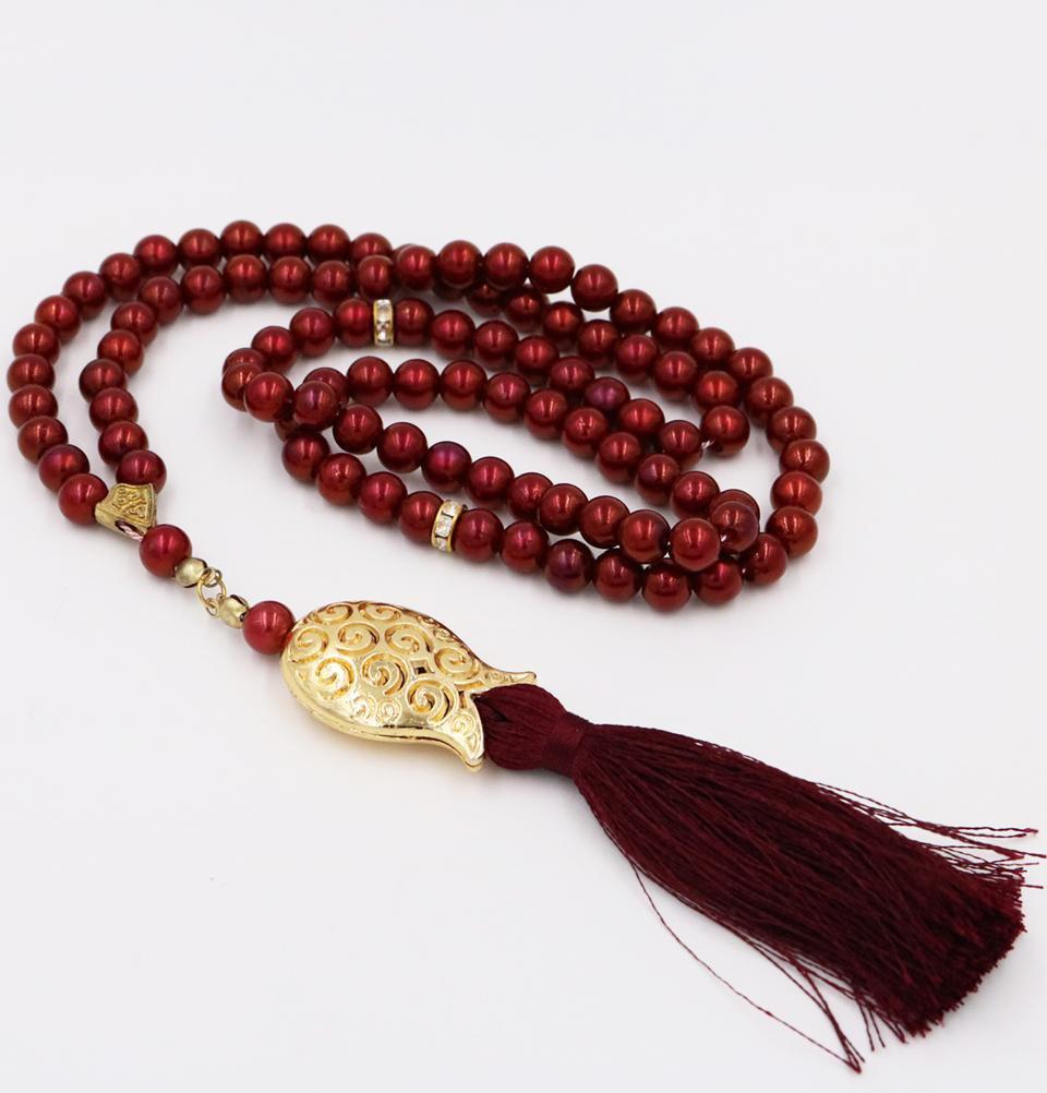 99-Count Acrylic Pearl Islamic Tesbih Prayer Beads with Tulip Tassel - Burgundy Color for Muslim Worship, Meditation & Stress Relief