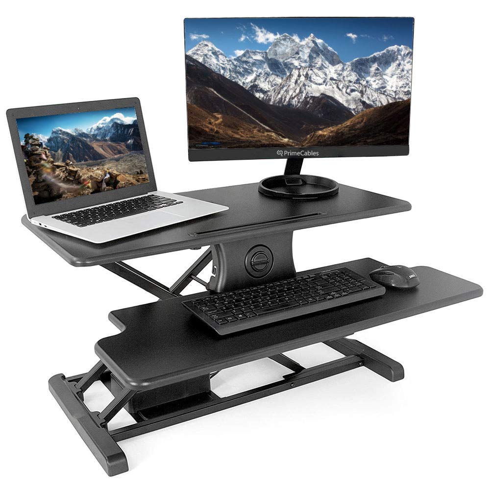 PrimeCables Electric Standing Desk Converter - 31.5 Inch Height Adjustable Riser with One-Touch Button, Keyboard Tray for Dual Monitor & Laptop - Perfect for Home Office, Gaming Setup & Workspace Ergonomics