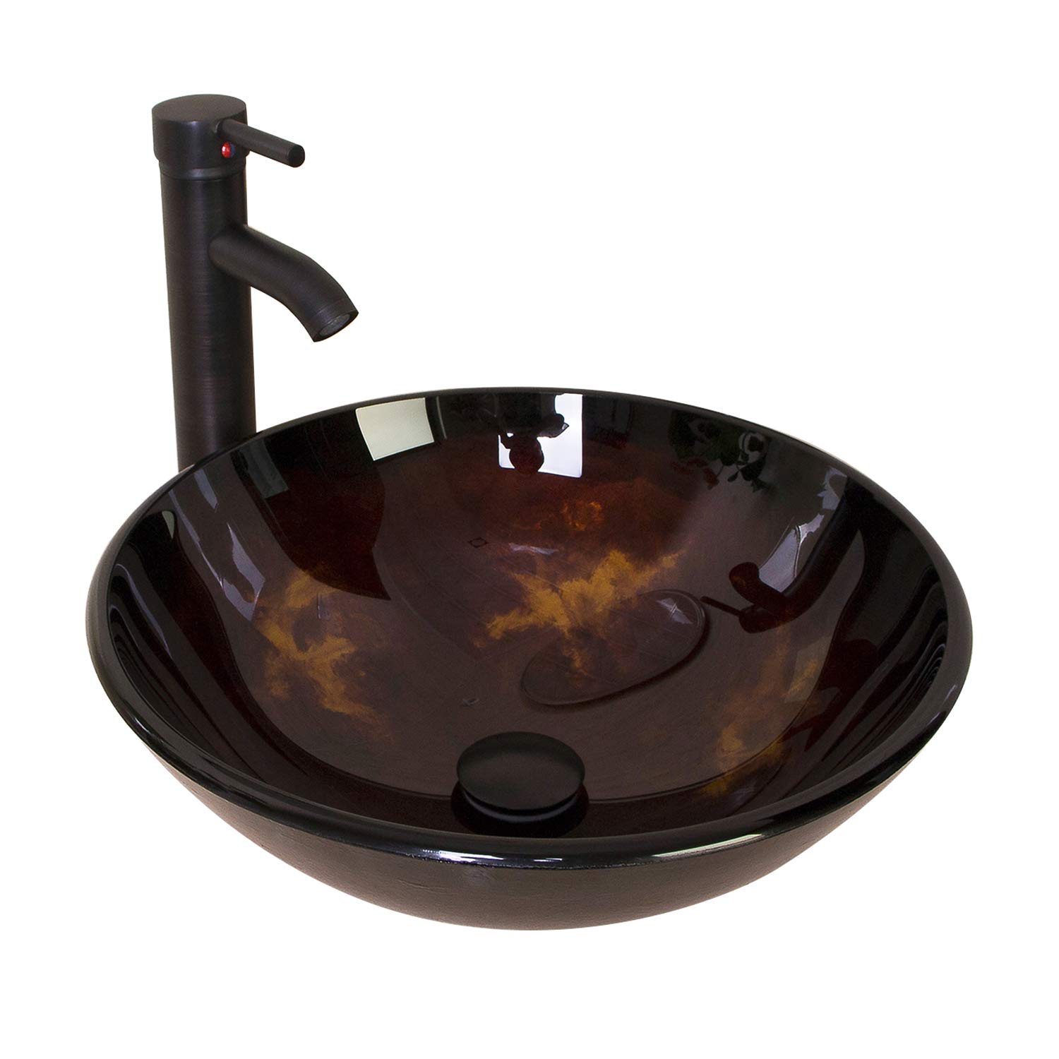Walsport Modern Glass Bathroom Sink and Faucet Combo Set - Round Vessel Basin with Pop-Up Drain, Water Pipe Mounting Ring & Cabinet Countertop Installation - Brown | Perfect for Powder Rooms, Guest Baths & Contemporary Home Decor