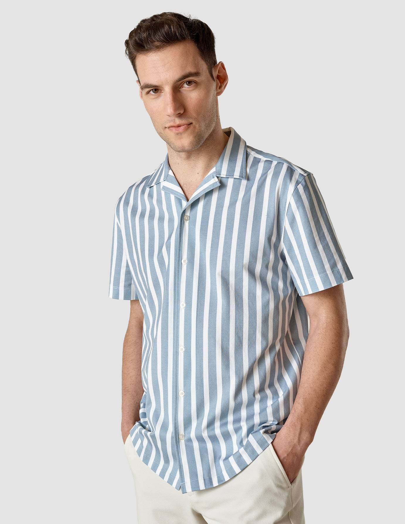 Bowling Short Sleeve Shirt for Men - Bold Stripes Light Blue Polo - Comfortable Athletic Top for Bowling League & Casual Wear