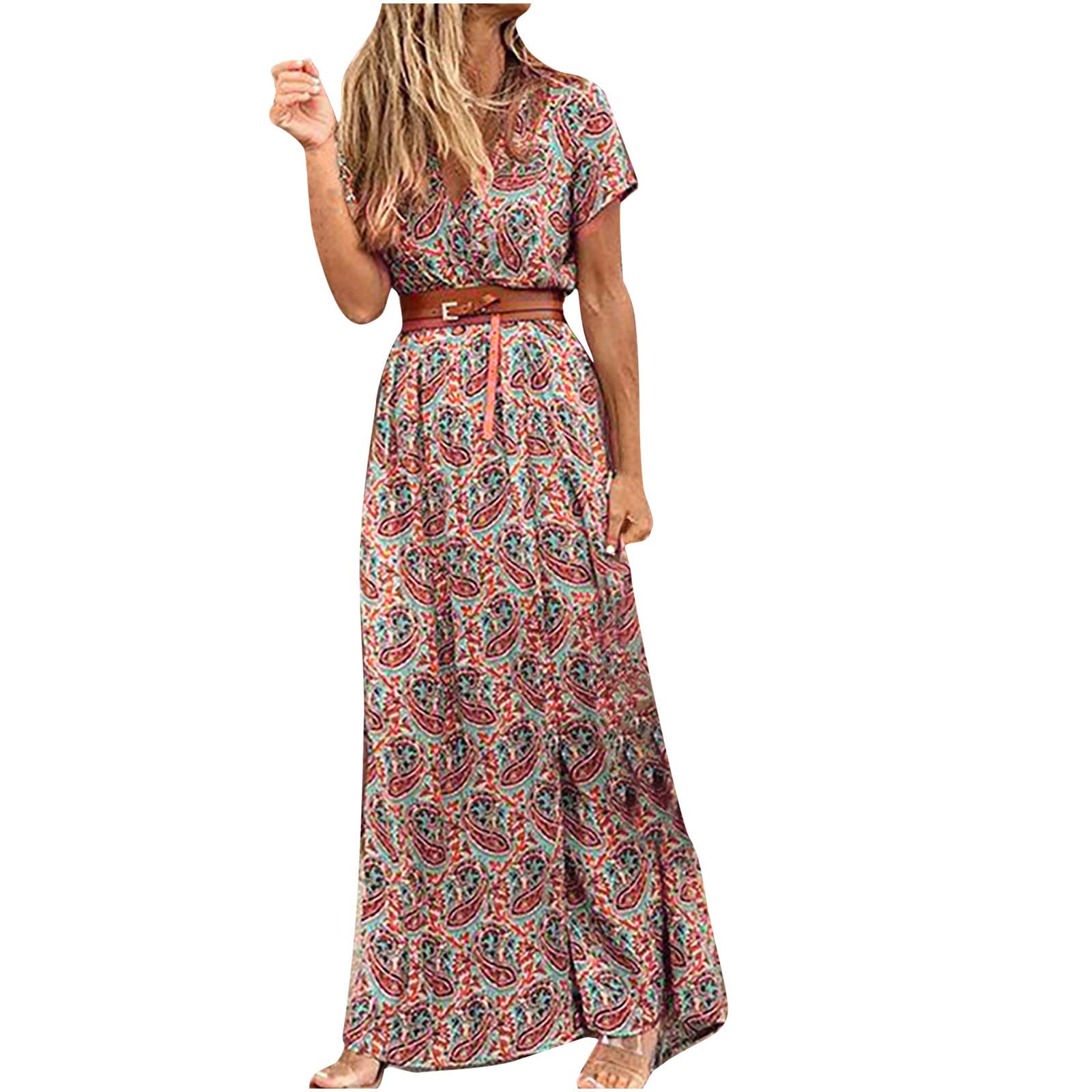 2023 Women's Bohemian Floral Printed Maxi Dress - V Neck Short Sleeve Summer Dress with Belt | Beach Vacation, Outdoor Party & Casual Wear