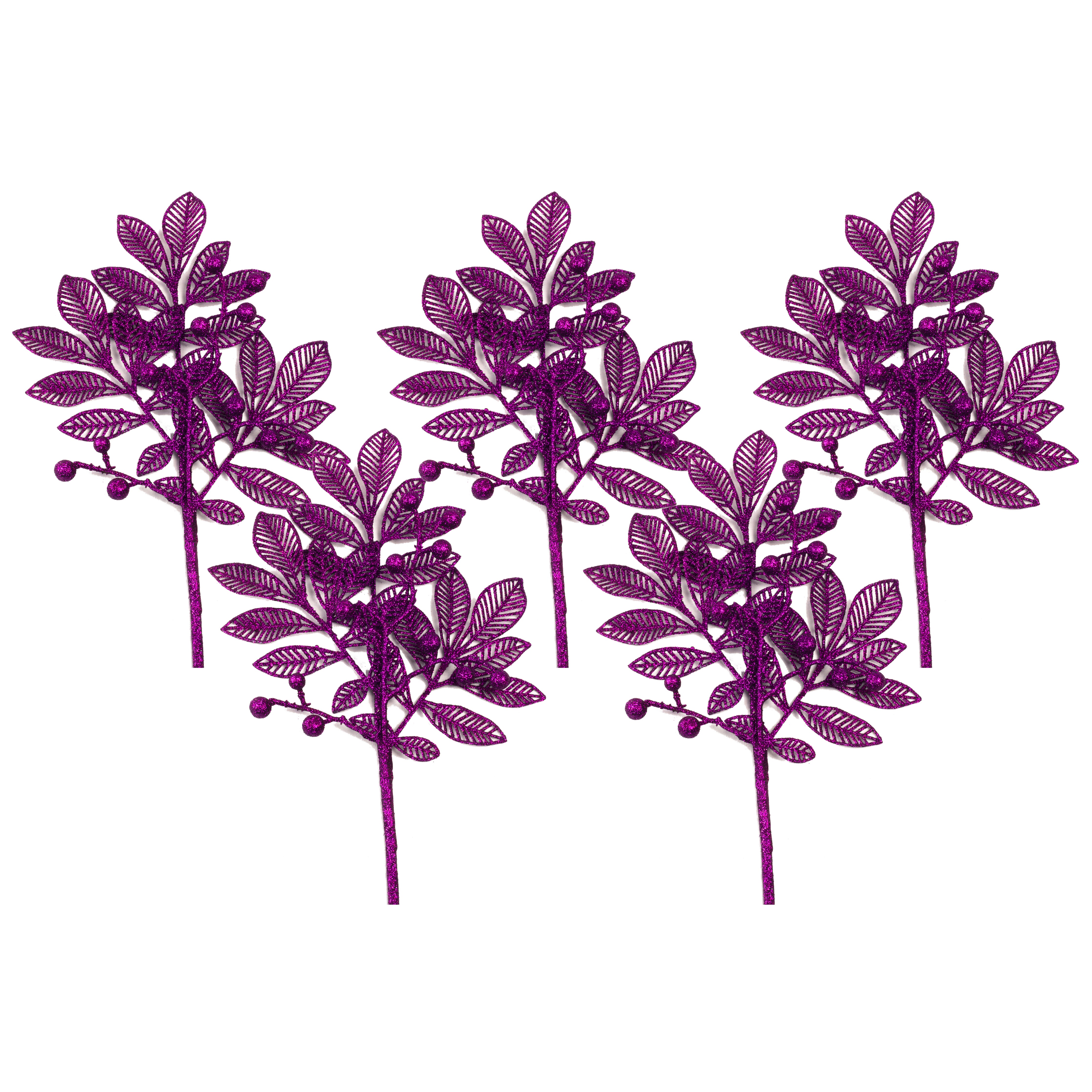 5 Pack of 18 Purple Leaf Picks with Berry Accents & Glitter Decorations - Perfect for Floral Arrangements, Wedding Bouquets, and DIY Crafts