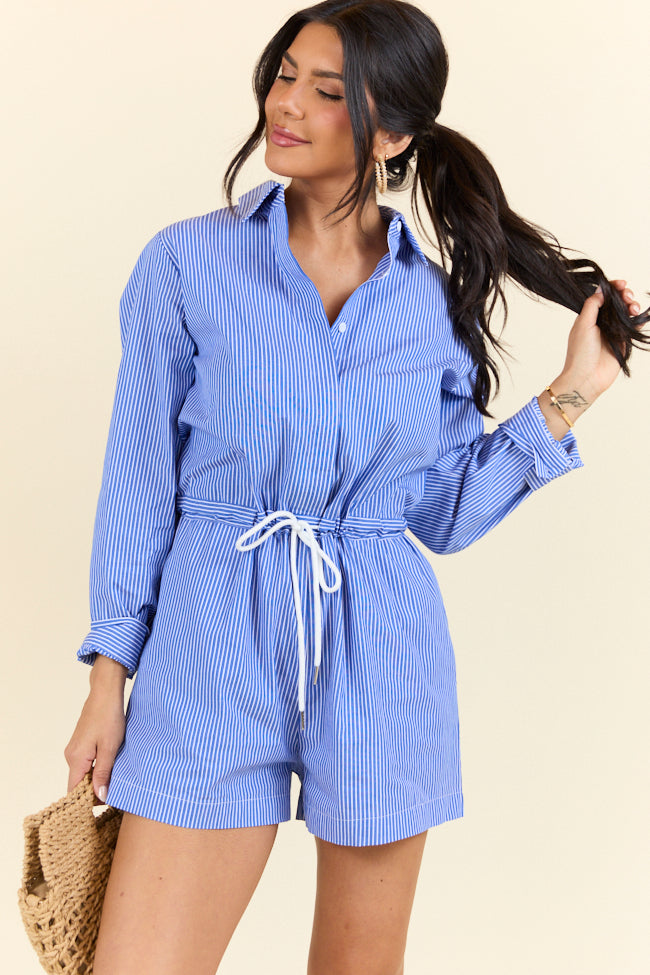 Days Off Blue Stripe Collared Romper for Women - Casual Summer Jumpsuit with Pockets | Perfect for Beach, Vacation & Outdoor Activities
