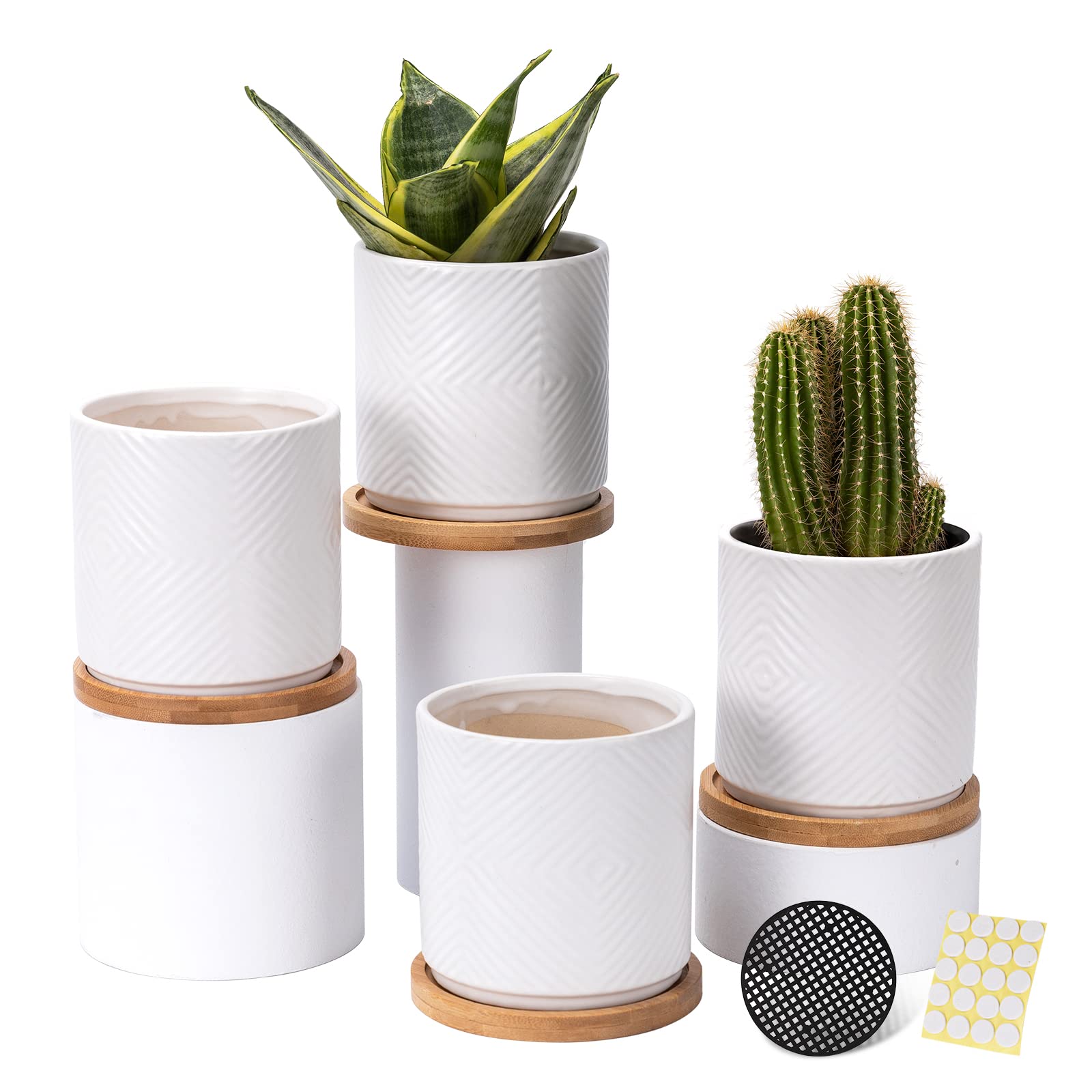 4 Inch Ceramic Succulent Planter with Drainage Hole & Saucer - Modern Geometric Design Flower Pot for Snake Plants, Cactus, Herbs - Indoor & Outdoor Use - Set of 4 (Plants Not Included) - Perfect for Home Decor, Office Desk, Garden & Patio